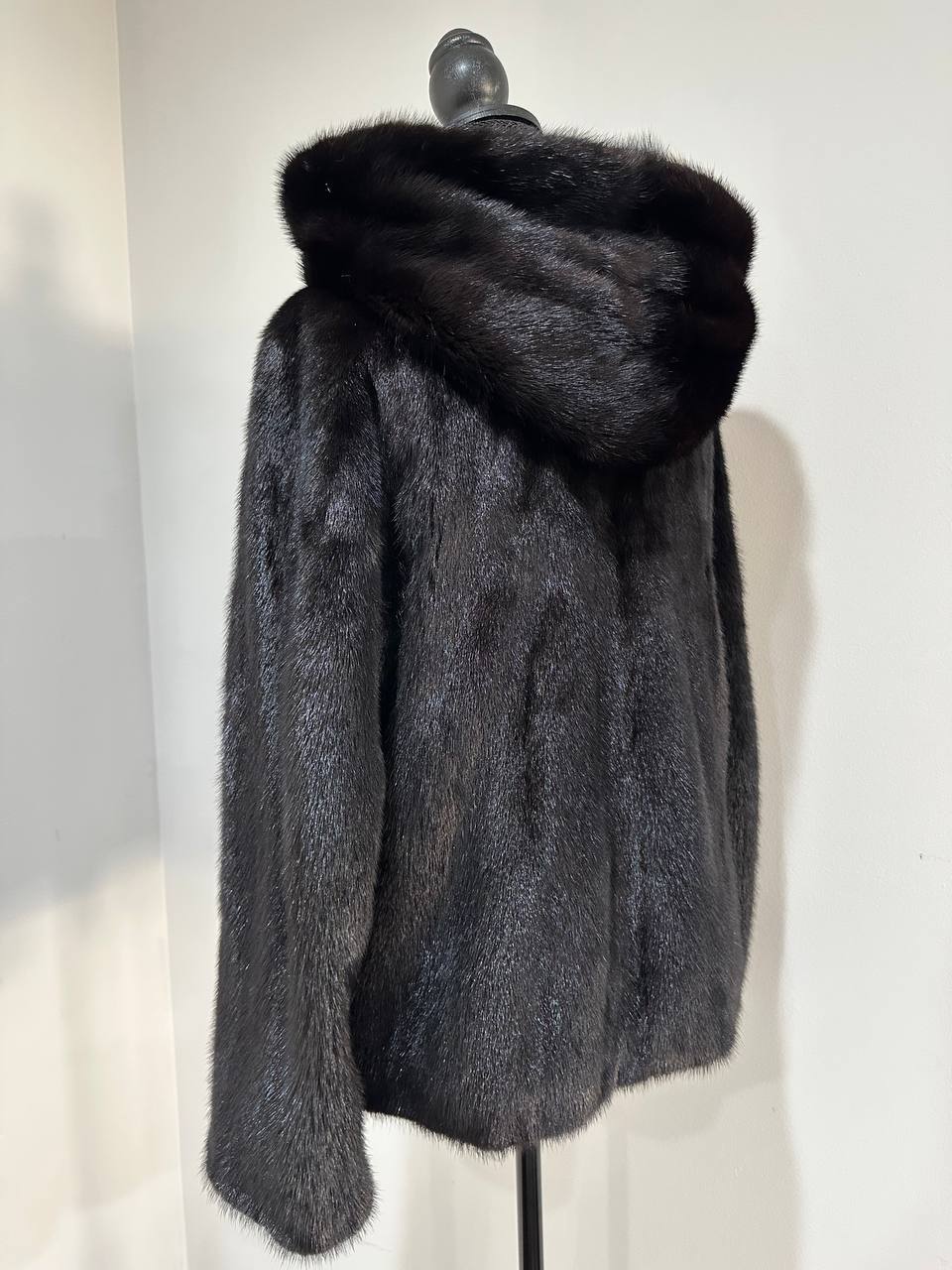 New Luxury Black Real Mink Jacket Cobra Hood Size Medium by FURSTAR M 1201127