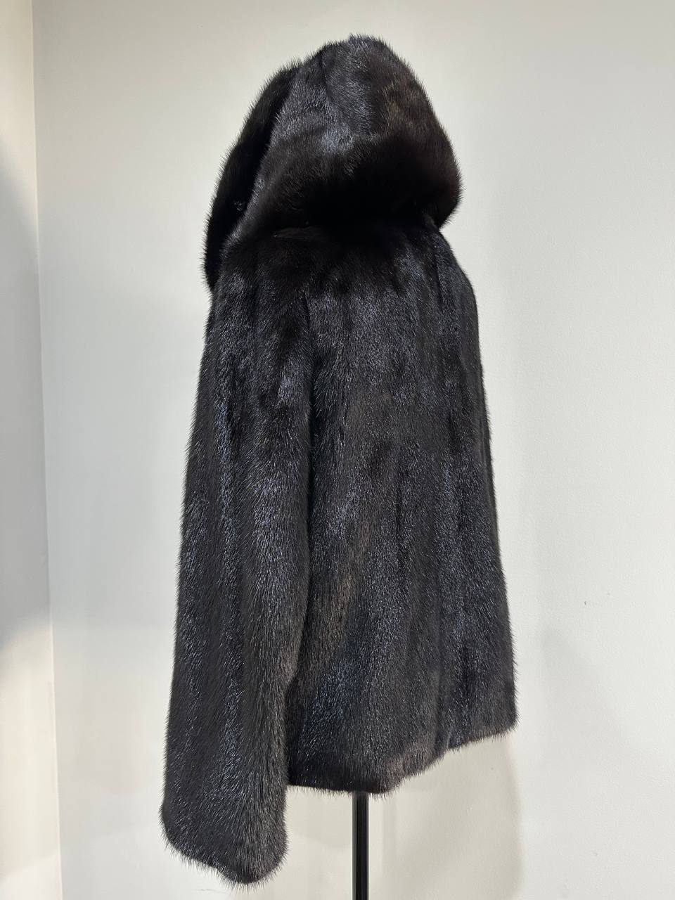 New Luxury Black Real Mink Jacket Cobra Hood Size Medium by FURSTAR M 1201127