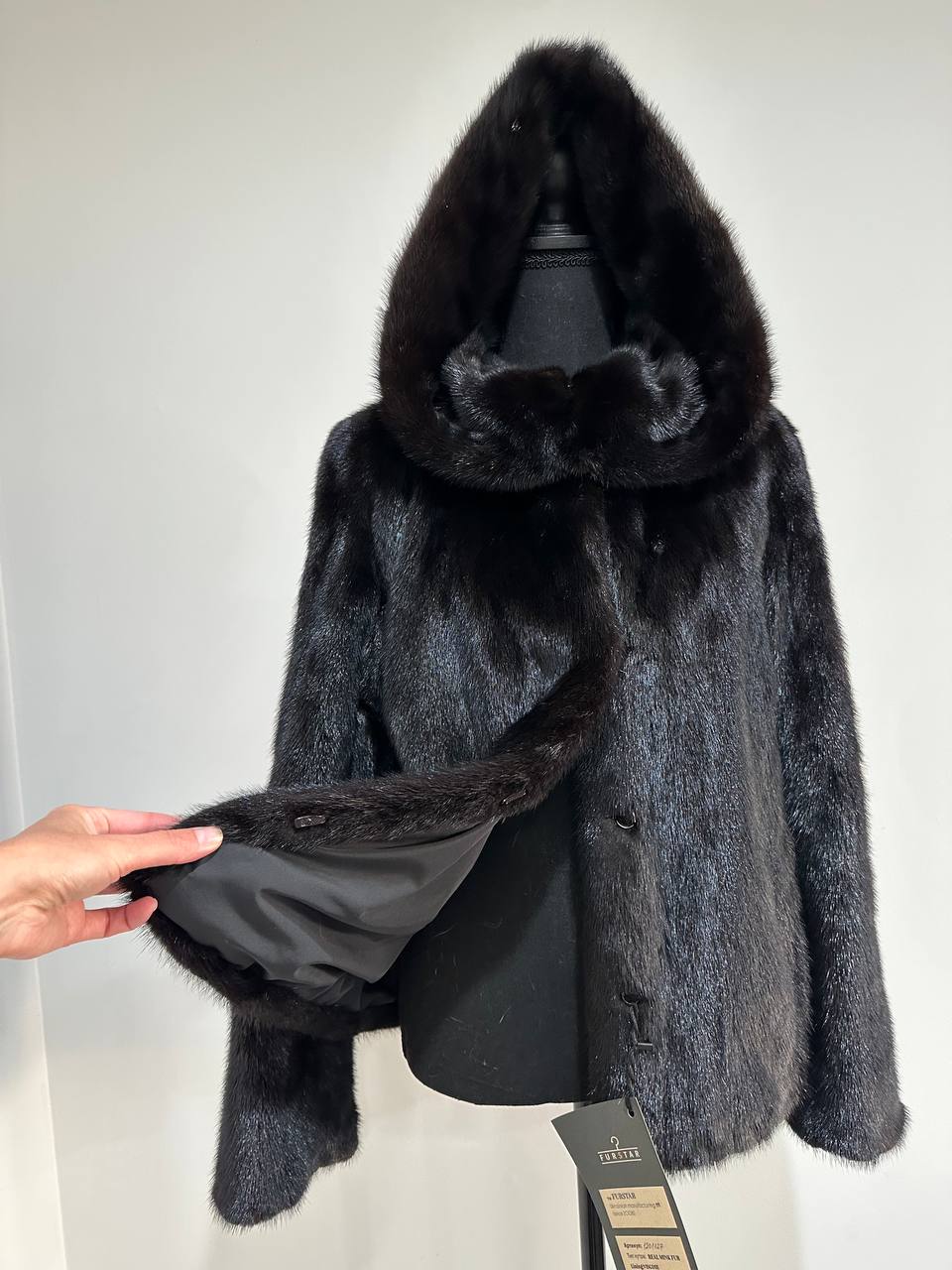 New Luxury Black Real Mink Jacket Cobra Hood Size Medium by FURSTAR M 1201127
