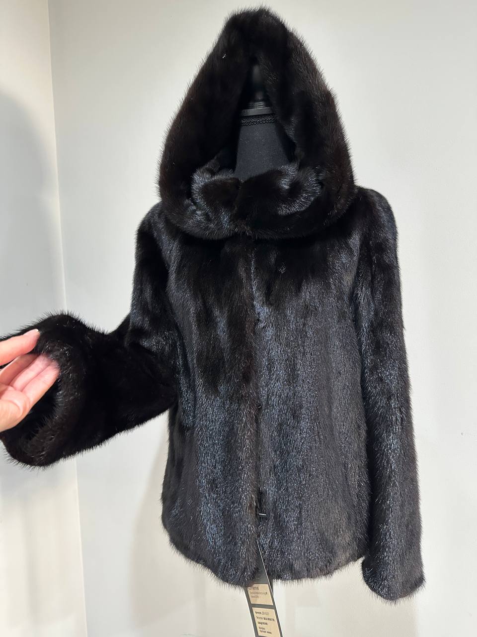 New Luxury Black Real Mink Jacket Cobra Hood Size Medium by FURSTAR M 1201127