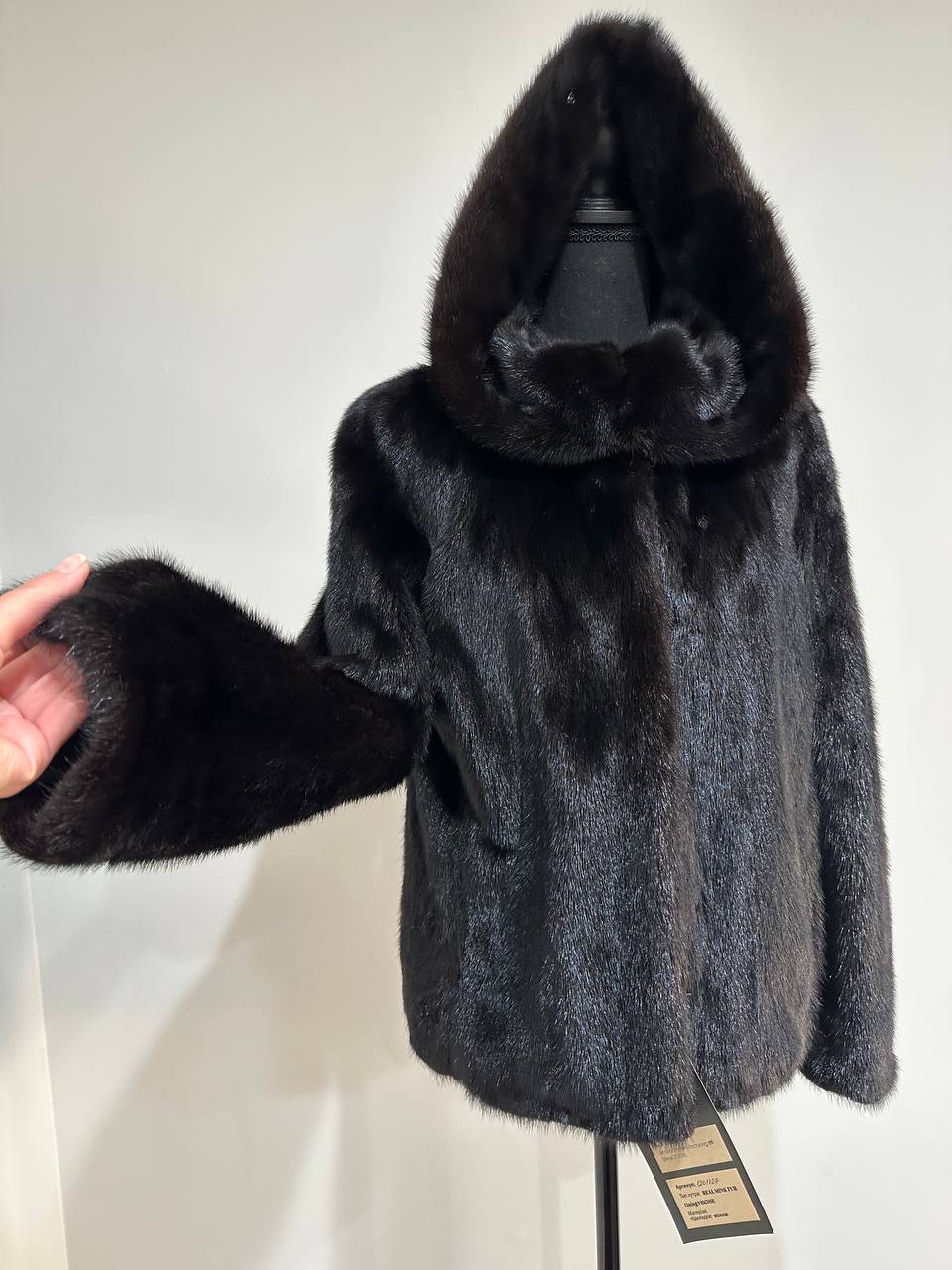 New Luxury Black Real Mink Jacket Cobra Hood Size Medium by FURSTAR M 1201127