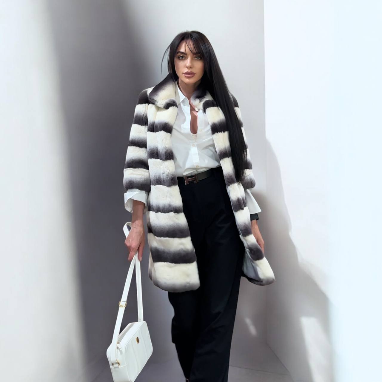 Luxury Womens Real Rex Rabbit Fur Coat Elegant Chinchilla Long size S women 1201129