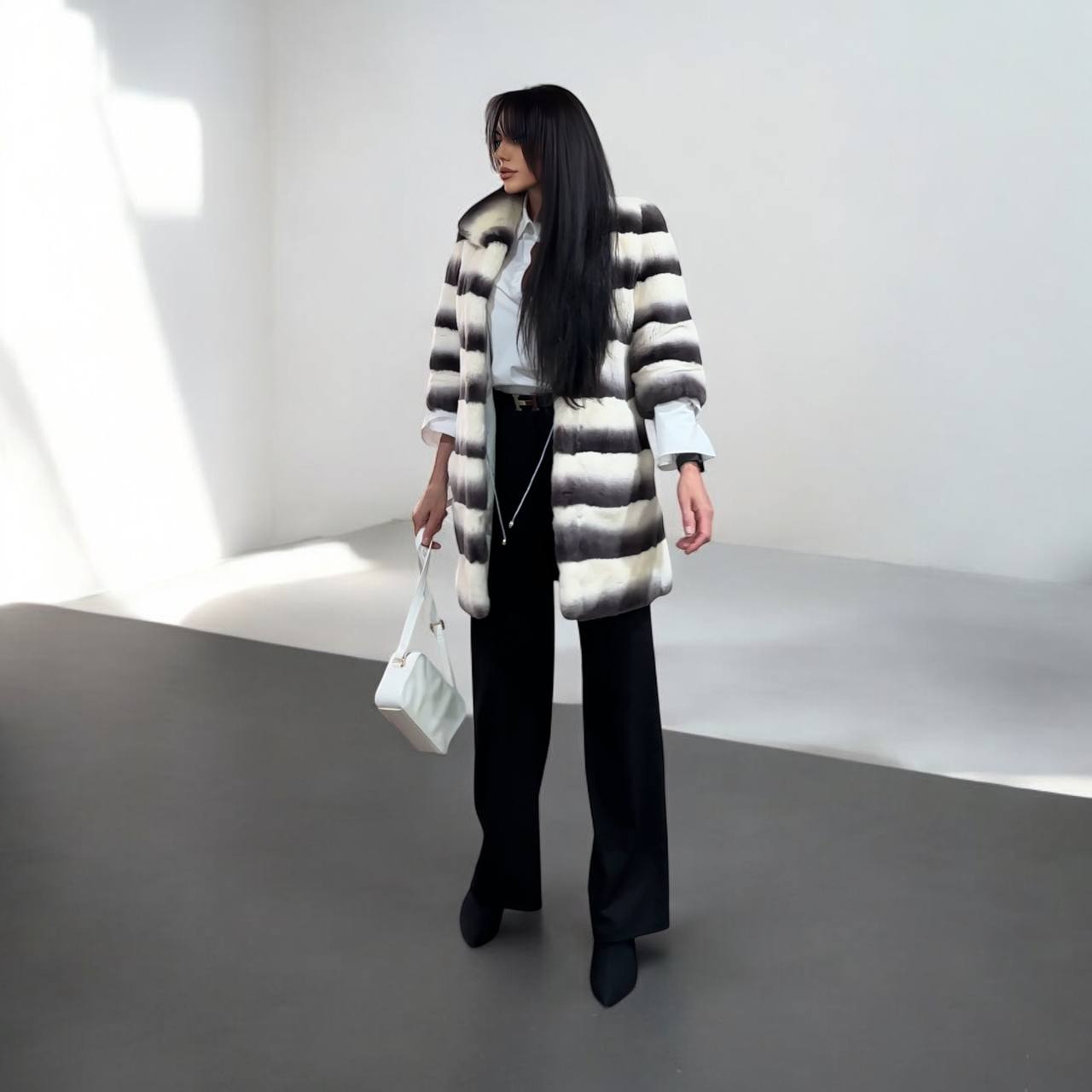 Luxury Womens Real Rex Rabbit Fur Coat Elegant Chinchilla Long size S women 1201129