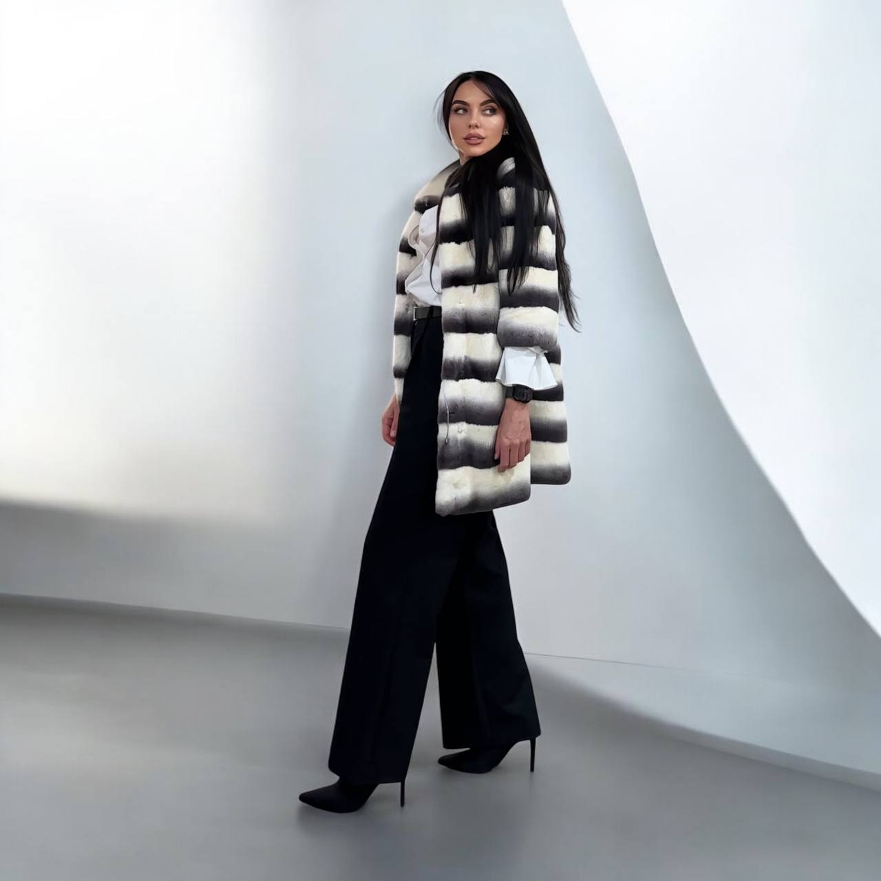 Luxury Womens Real Rex Rabbit Fur Coat Elegant Chinchilla Long size S women 1201129