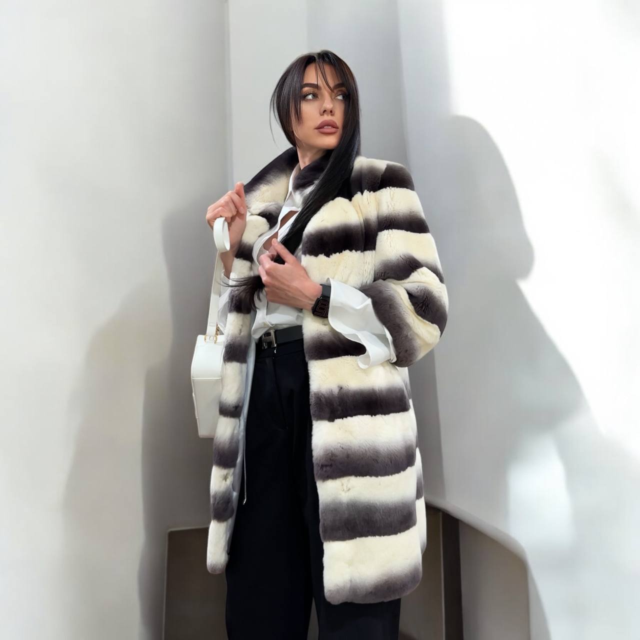 Luxury Womens Real Rex Rabbit Fur Coat Elegant Chinchilla Long size S women 1201129