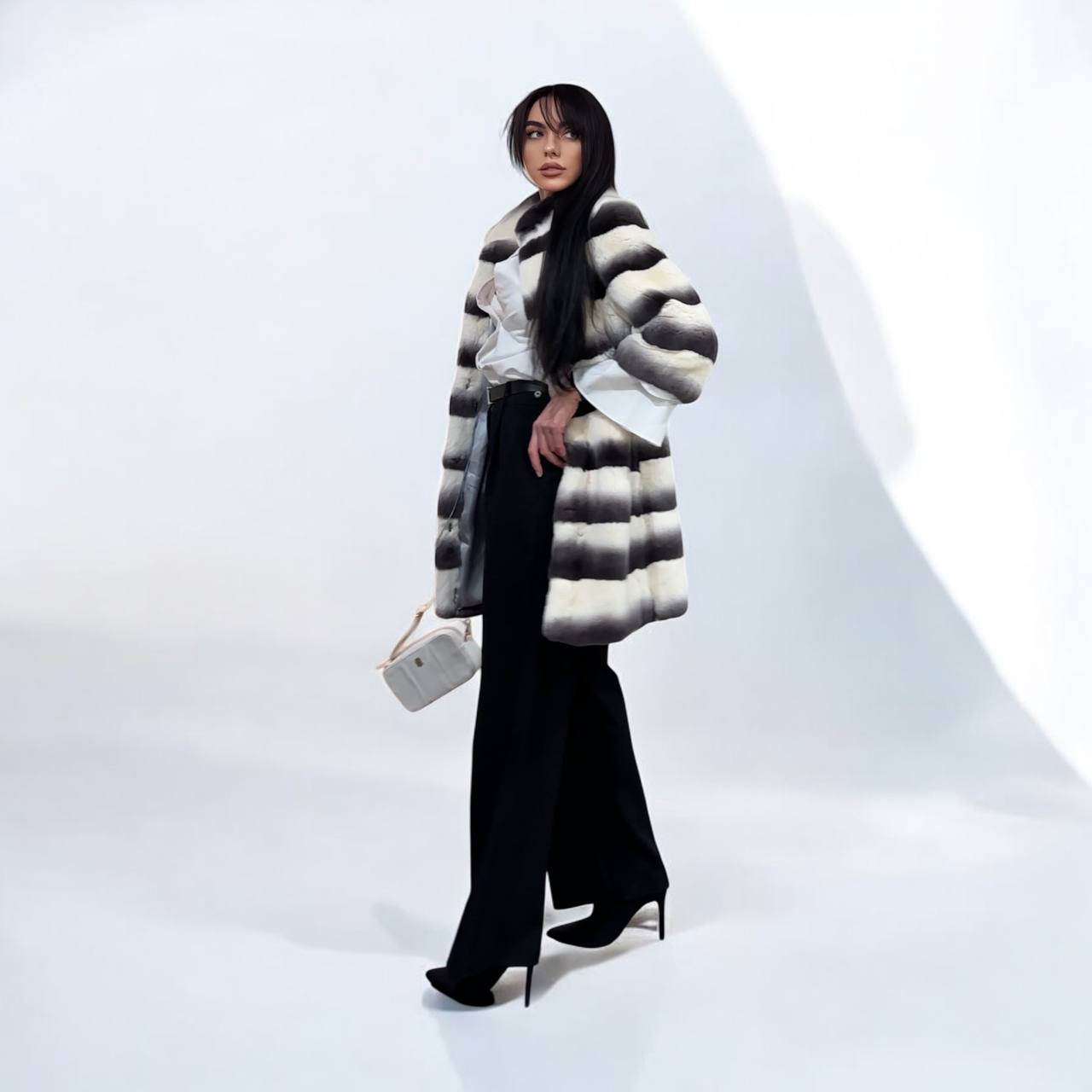 Luxury Womens Real Rex Rabbit Fur Coat Elegant Chinchilla Long size S women 1201129