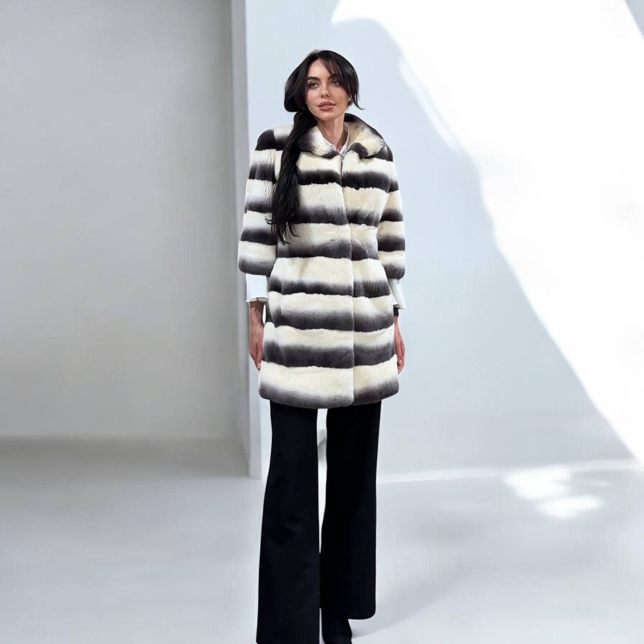 Luxury Womens Real Rex Rabbit Fur Coat Elegant Chinchilla Long size S women 1201129