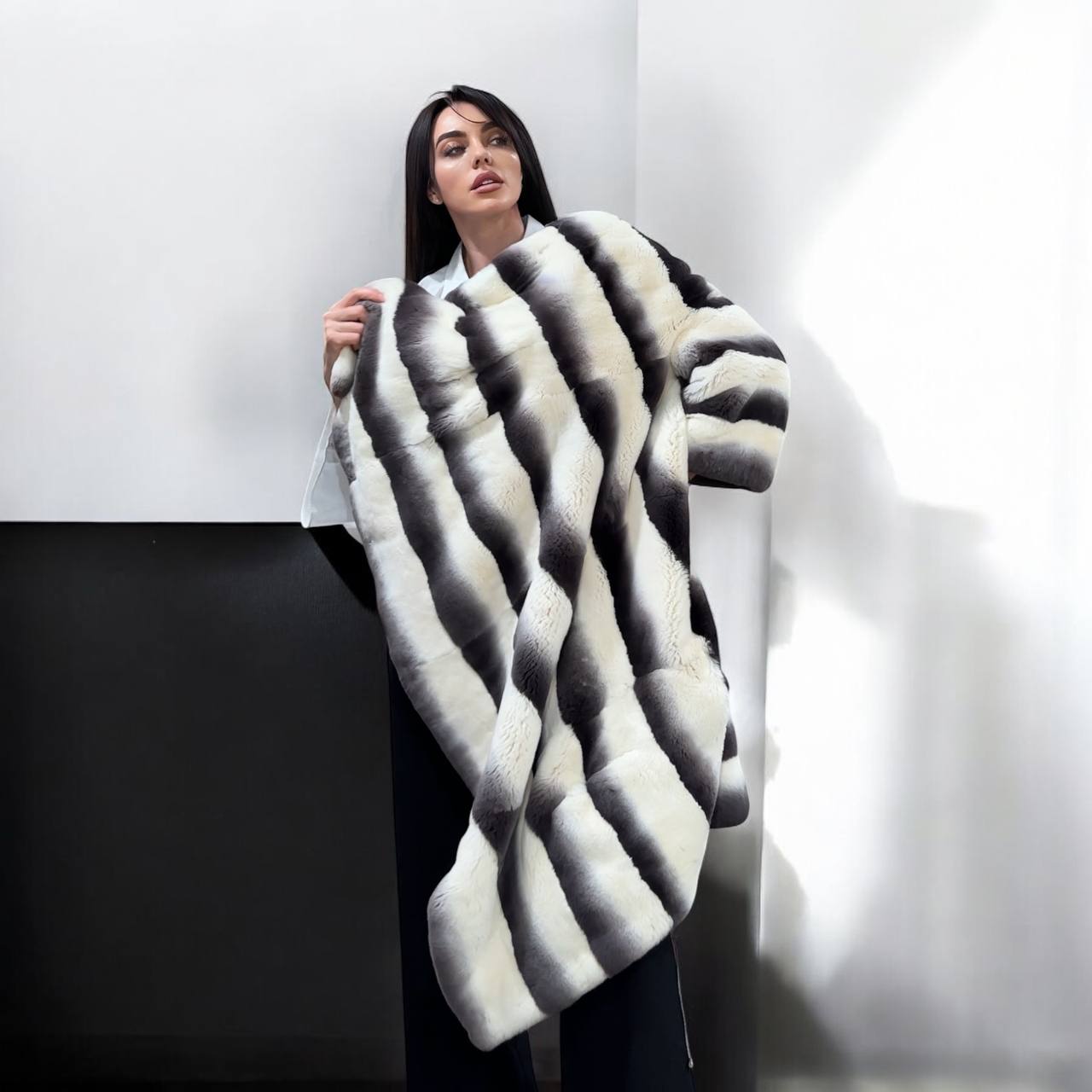 Luxury Womens Real Rex Rabbit Fur Coat Elegant Chinchilla Long size S women 1201129