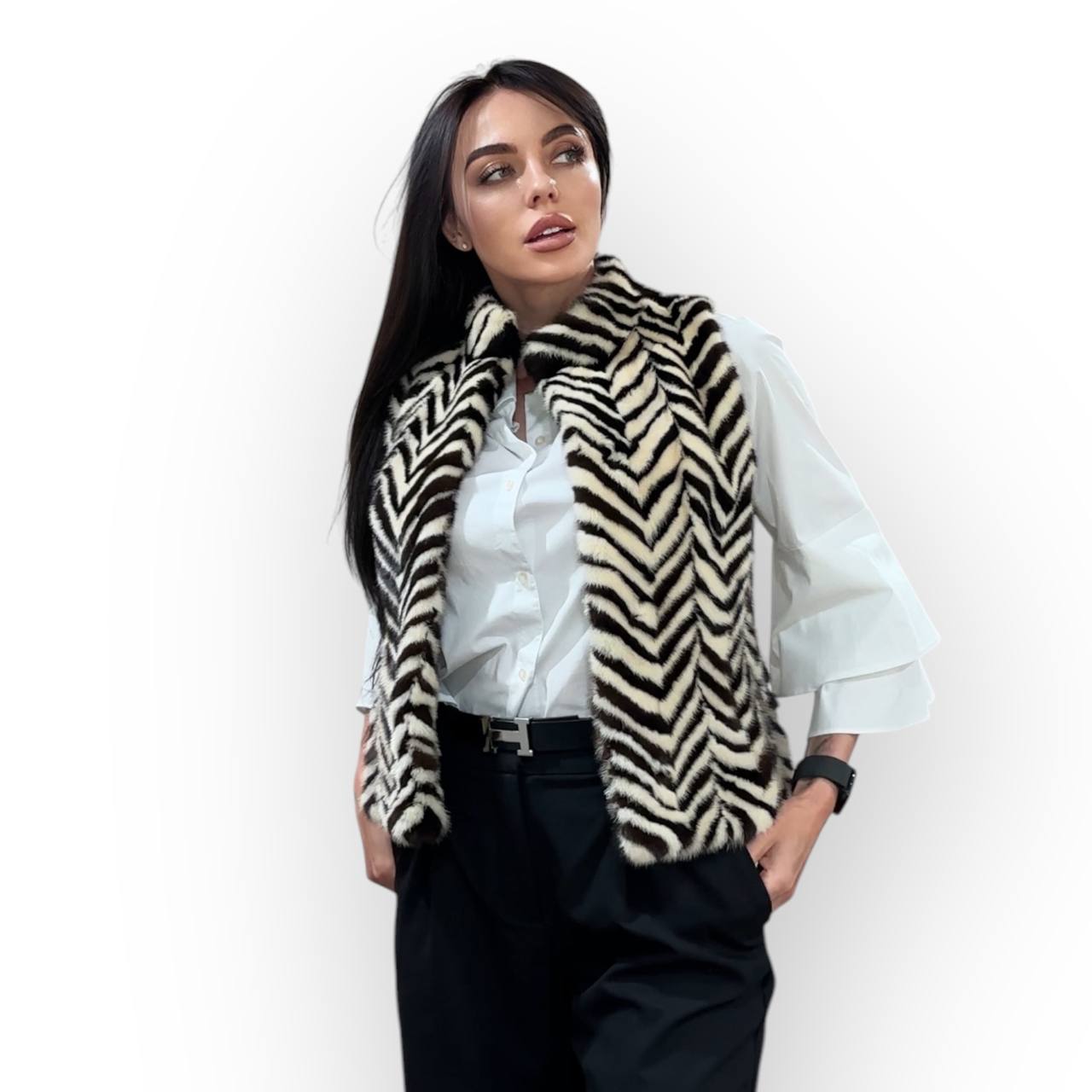 WOMEN MINK REAL FUR VEST zebra print SIZE XS 1201128 without sleeves BRANDED