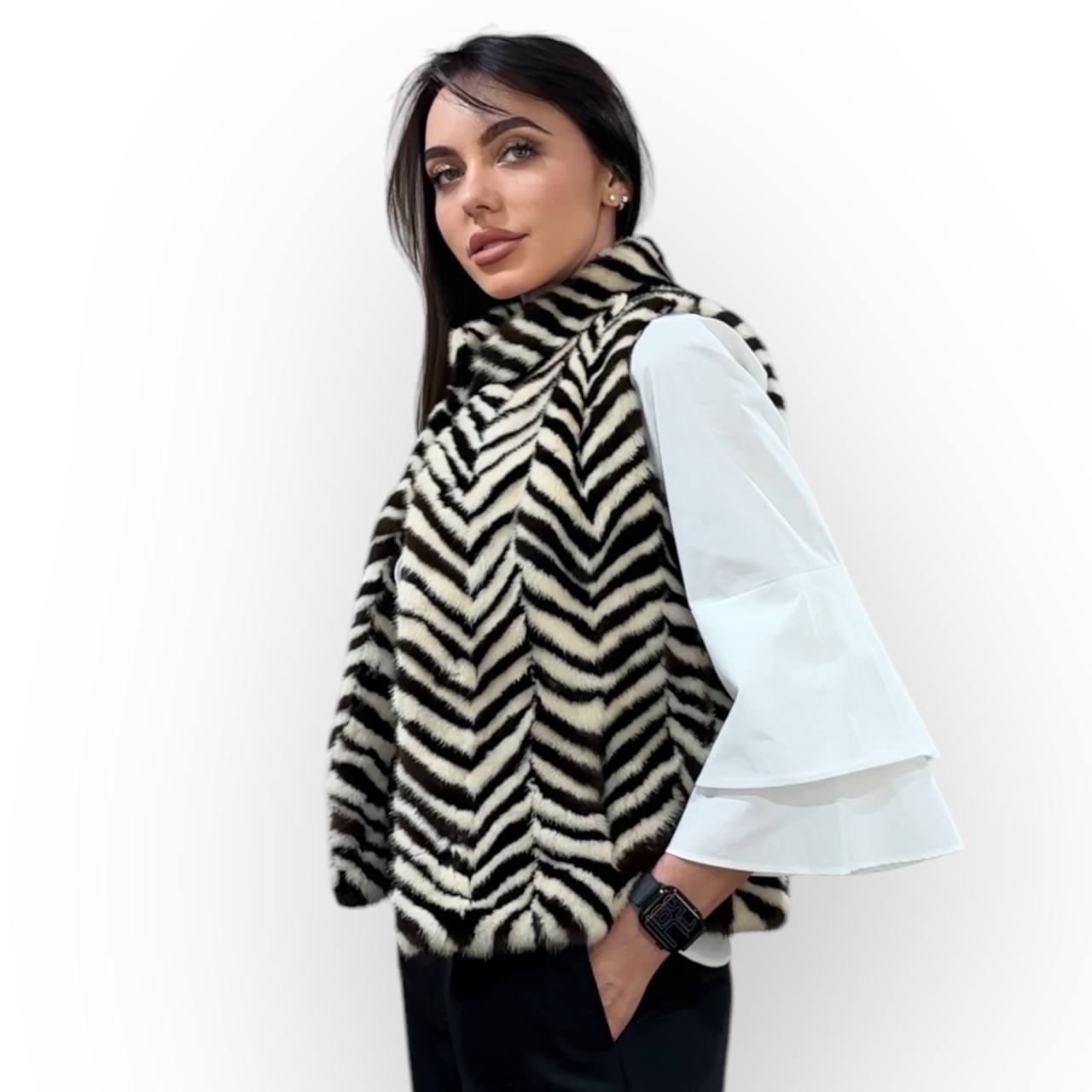WOMEN MINK REAL FUR VEST zebra print SIZE XS 1201128 without sleeves BRANDED