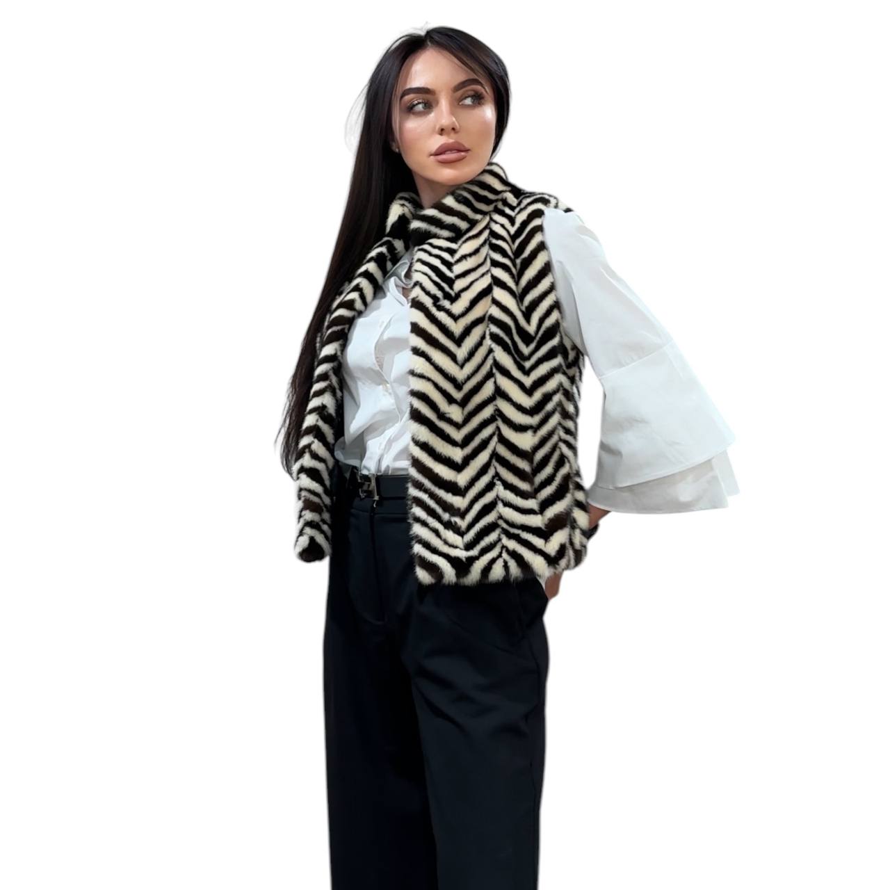 WOMEN MINK REAL FUR VEST zebra print SIZE XS 1201128 without sleeves BRANDED