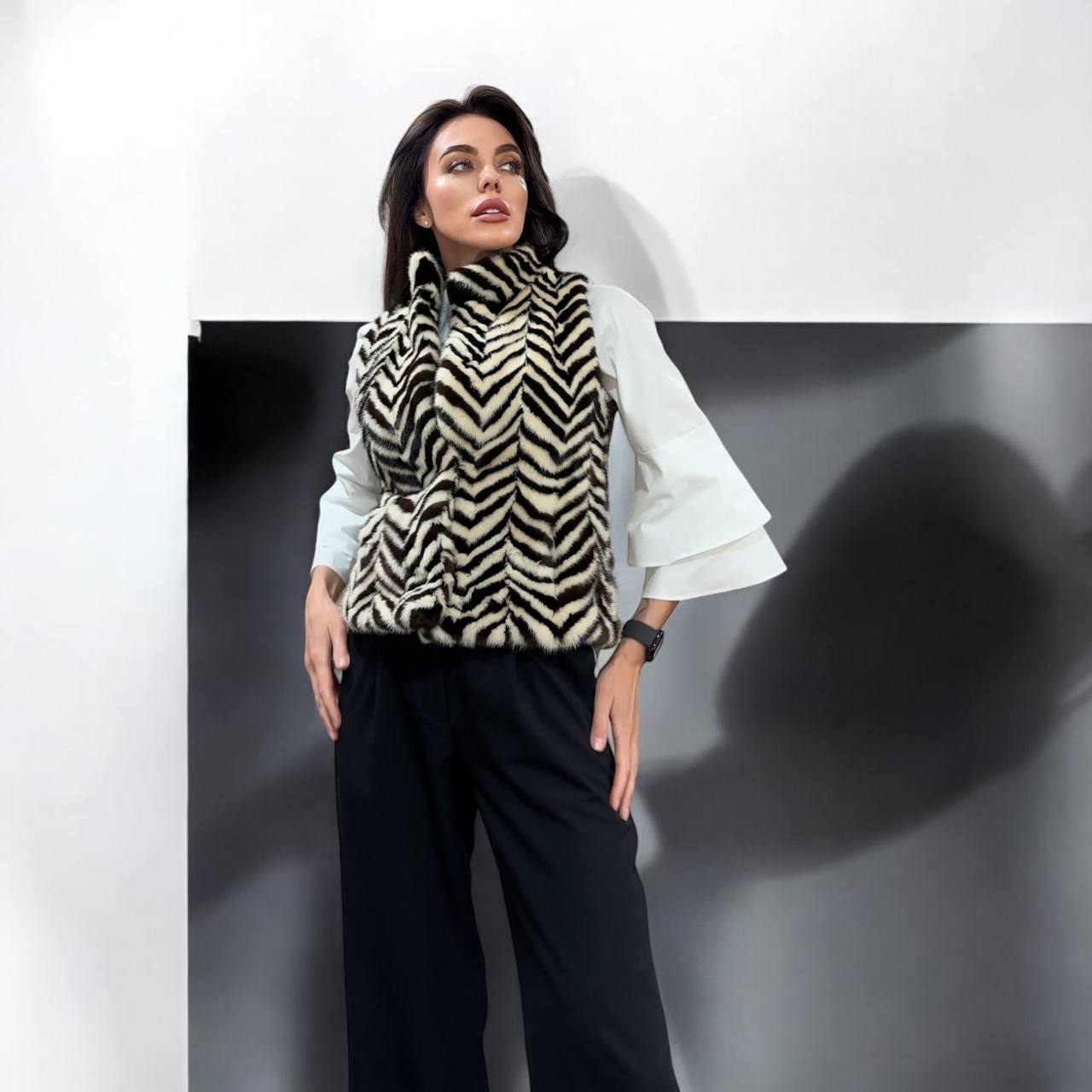 WOMEN MINK REAL FUR VEST zebra print SIZE XS 1201128 without sleeves BRANDED