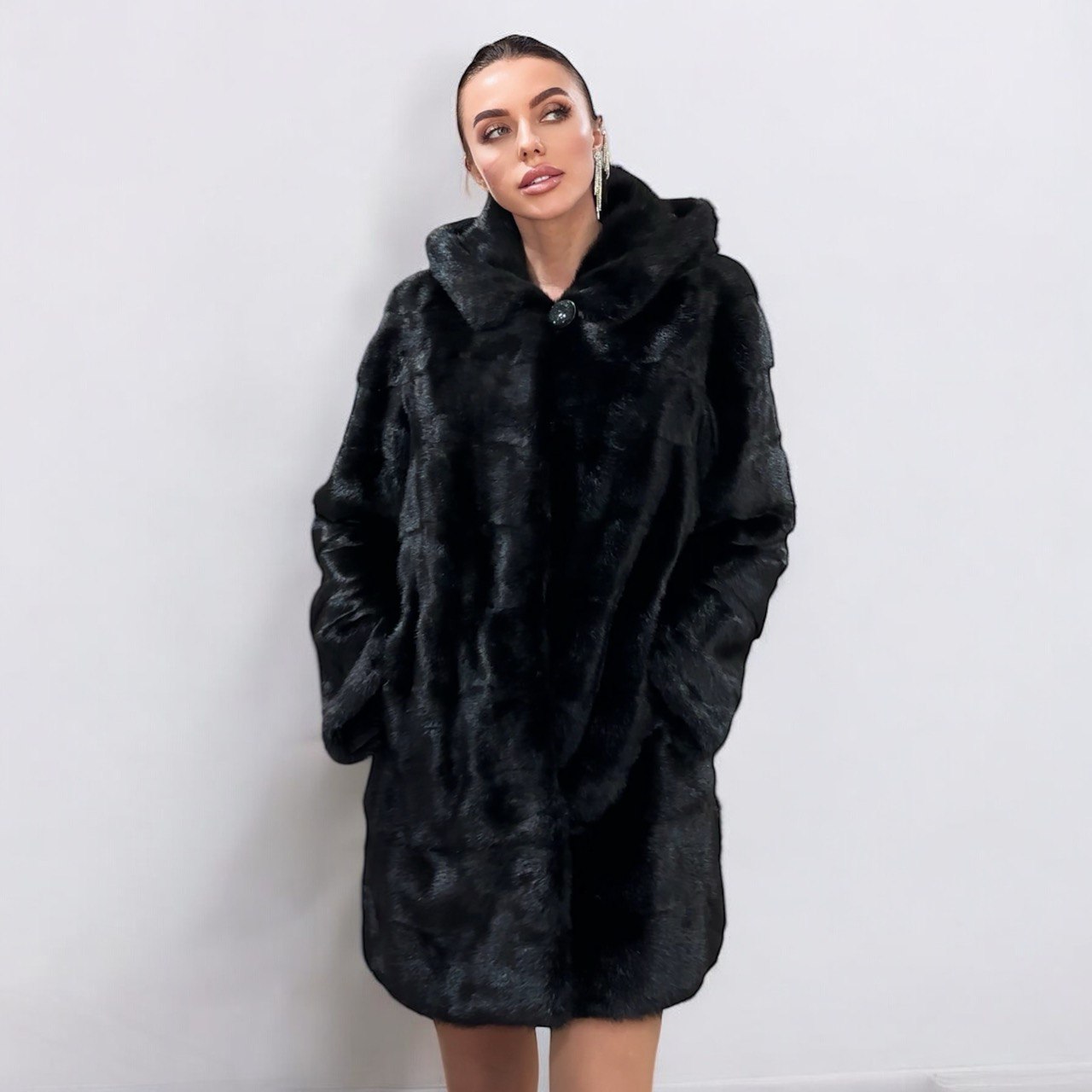 NEW REAL MINK FUR coat size L LARGE 1201116 HORIZONTAL long sleeve jacket BLACK