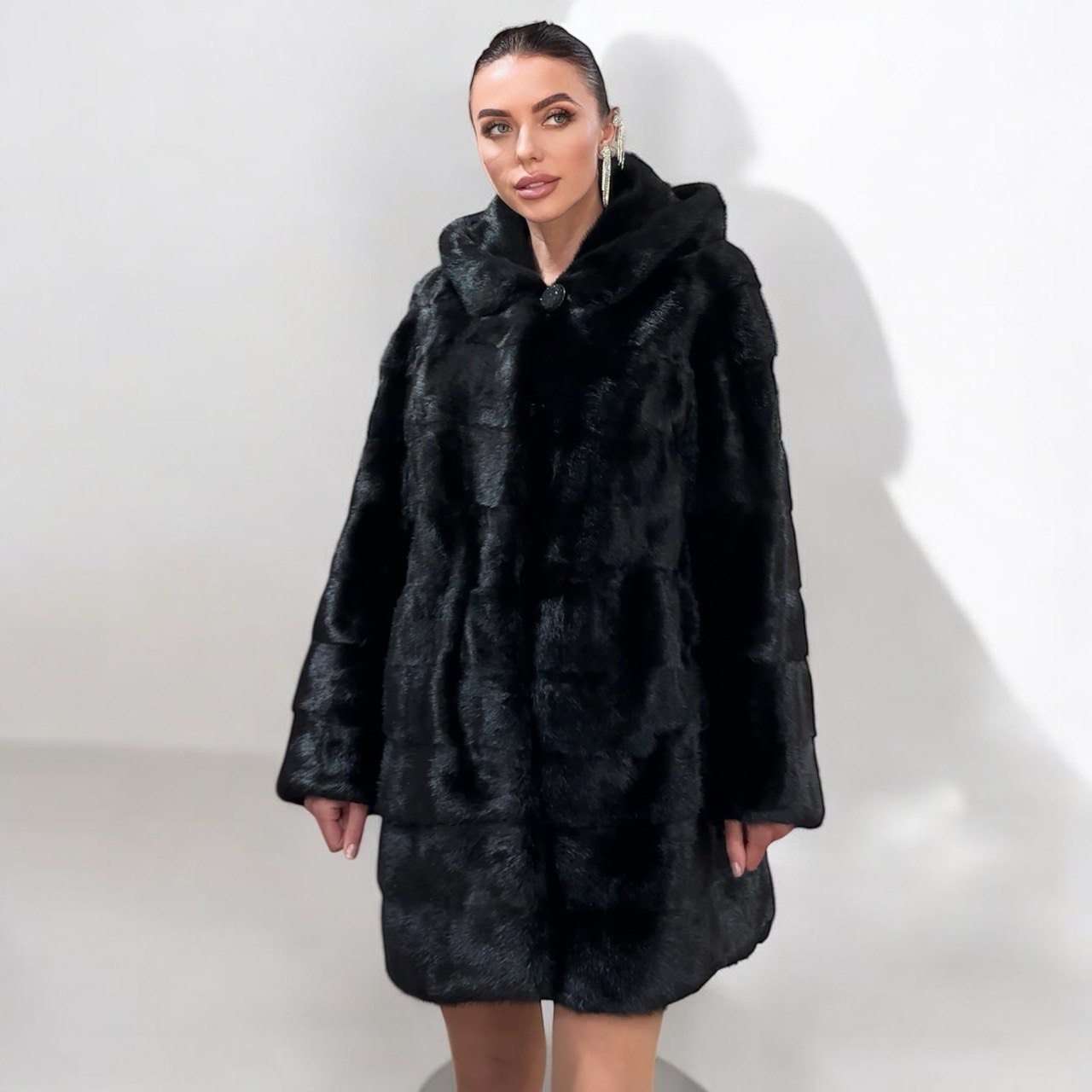 NEW REAL MINK FUR coat size L LARGE 1201116 HORIZONTAL long sleeve jacket BLACK