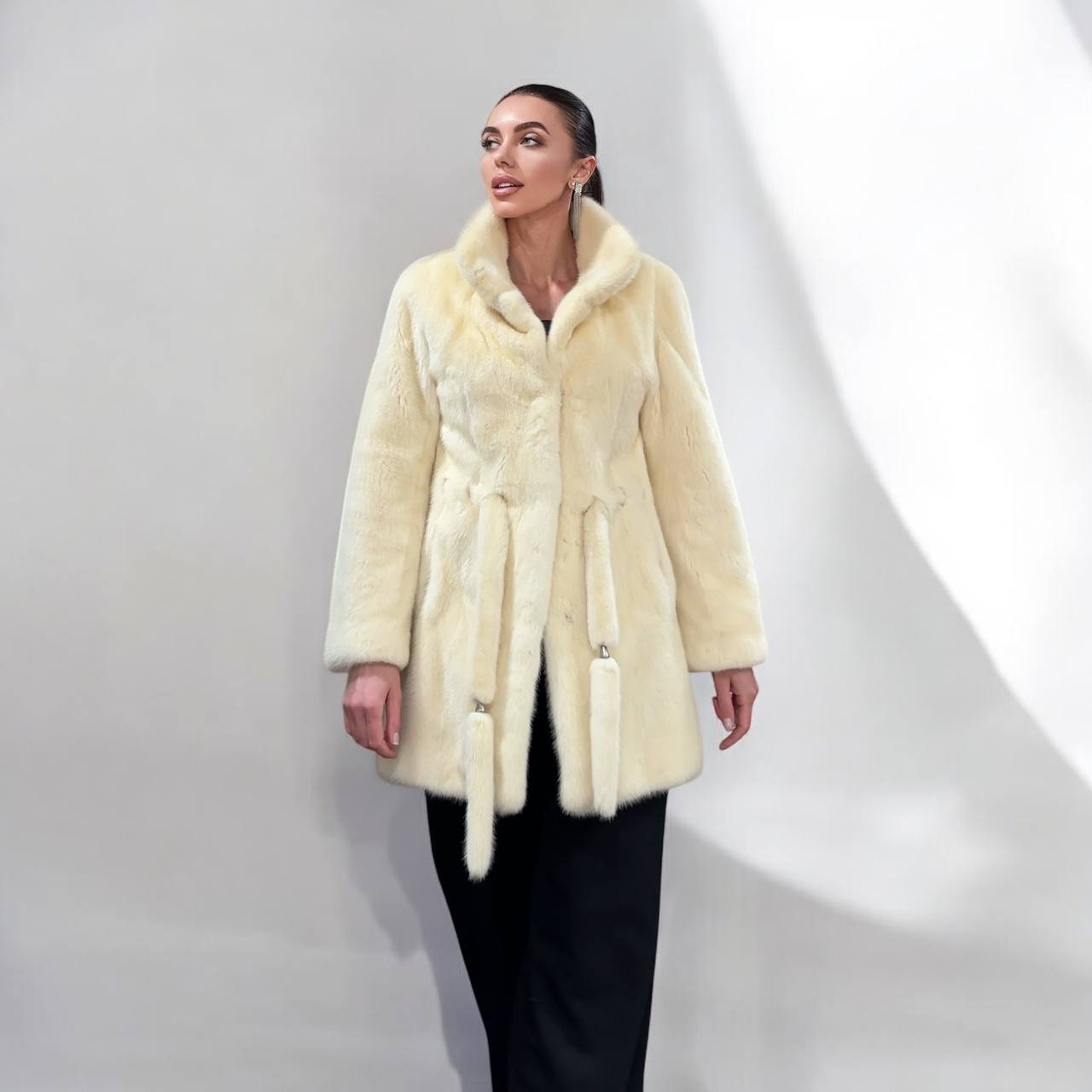 Luxury Womens Real 100% Mink FUR IVORY genuine coat BELTED 1201113 size S NEW