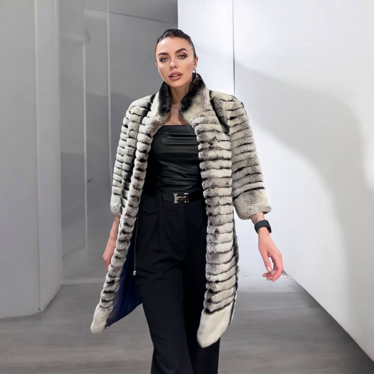 Womens Real FUR JACKET Rex Rabbit Coat Elegant Chinchilla Long size M women 1201108