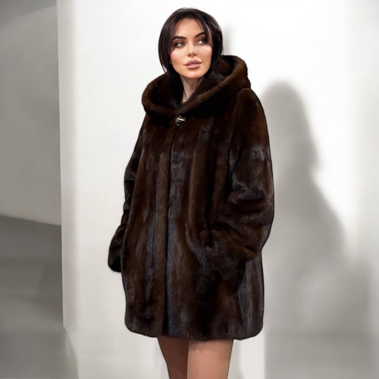 Real 100% MINK FUR 1201105 size XL brown HOODED BOMBER Coat Jacket