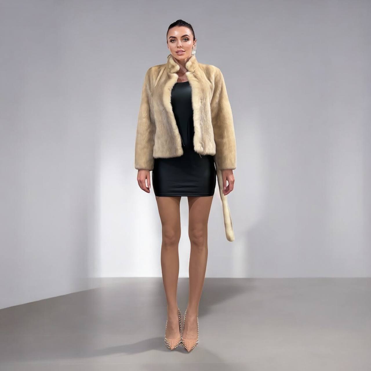 NEW Beige Pastel Mink Fur Jacket – Short Coat Size S 1201136 belted Elegant Warm