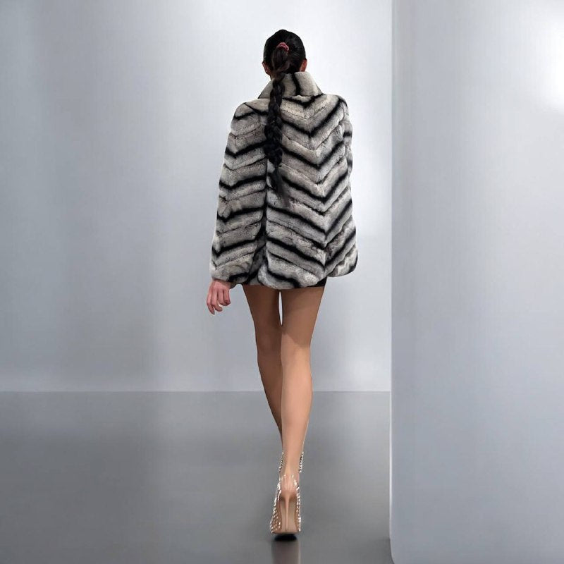 NEW Chinchilla Look Rex Rabbit Fur Jacket – Soft Luxury Coat – Size M 1201139