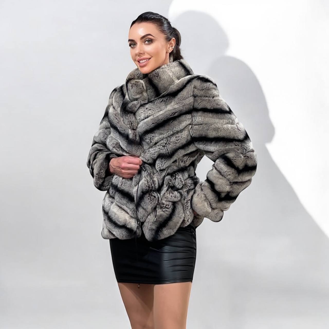 NEW Chinchilla Look Rex Rabbit Fur Jacket – Soft Luxury Coat – Size M 1201139