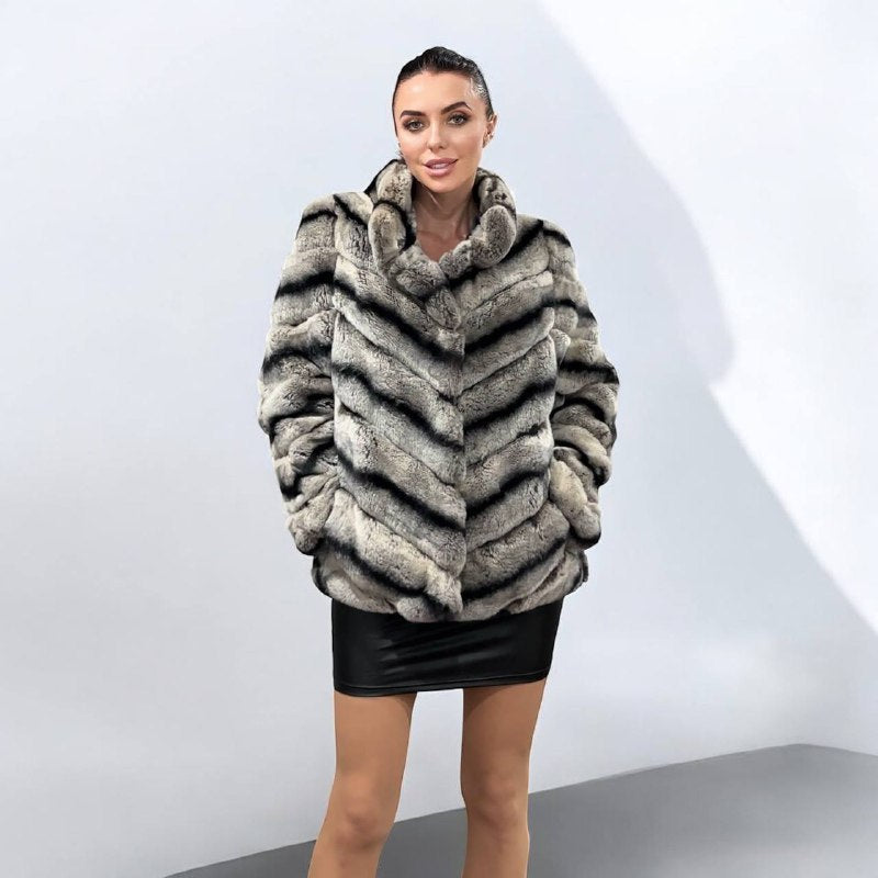 NEW Chinchilla Look Rex Rabbit Fur Jacket – Soft Luxury Coat – Size M 1201139