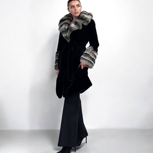NEW Rex Rabbit Fur Collar Jacket – 1201137 Chinchilla REX size M with Golden Gradient