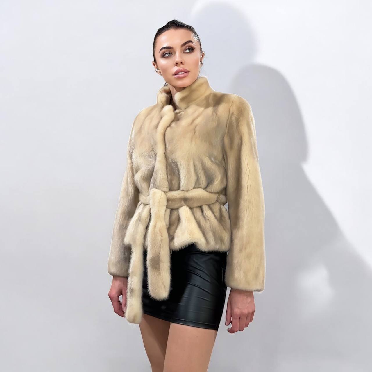 NEW Beige Pastel Mink Fur Jacket – Short Coat Size S 1201136 belted Elegant Warm
