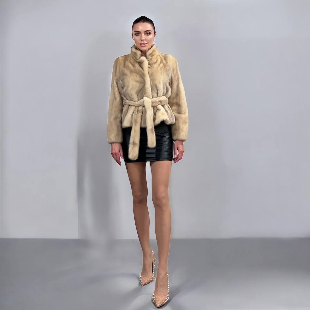 NEW Beige Pastel Mink Fur Jacket – Short Coat Size S 1201136 belted Elegant Warm