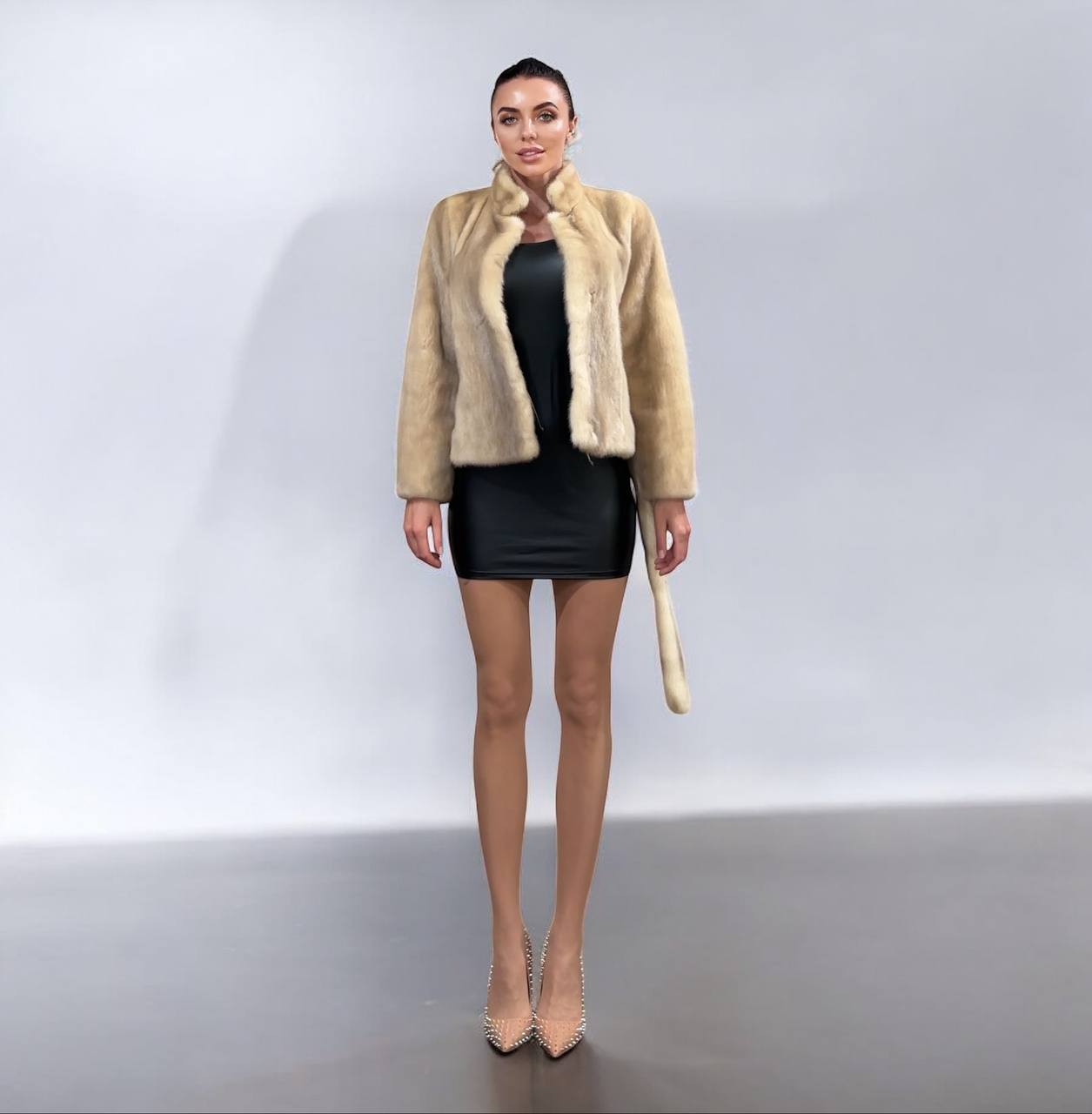 NEW Beige Pastel Mink Fur Jacket – Short Coat Size S 1201136 belted Elegant Warm