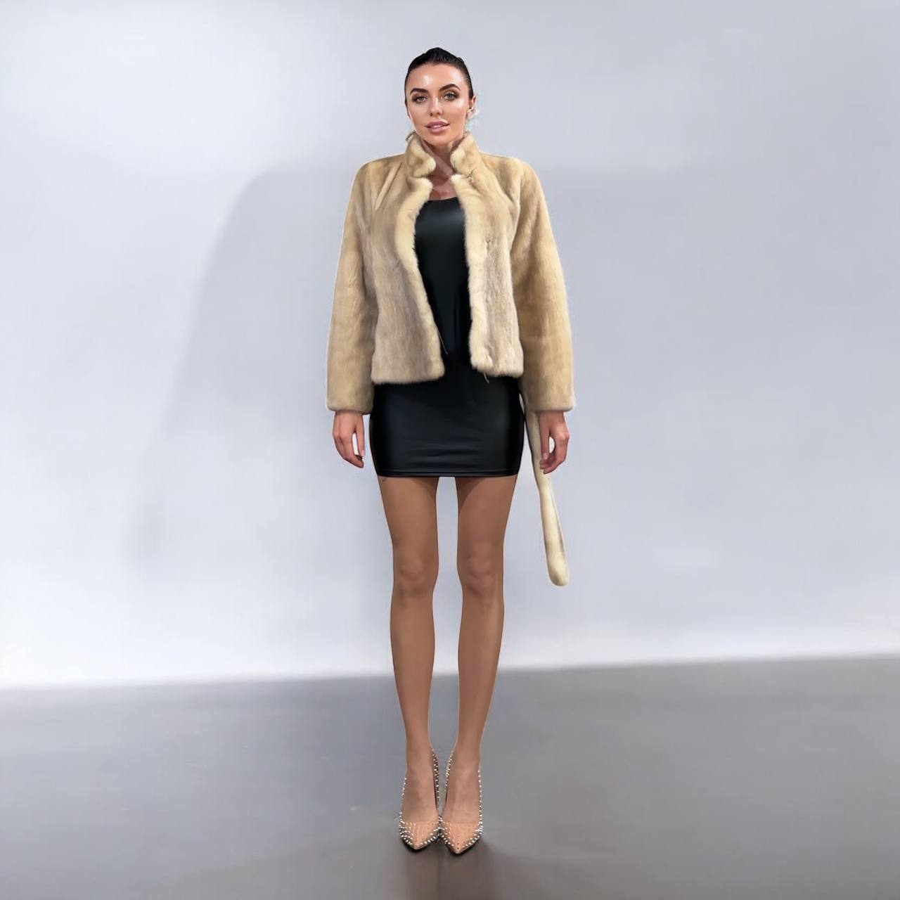 NEW Beige Pastel Mink Fur Jacket – Short Coat Size S 1201136 belted Elegant Warm