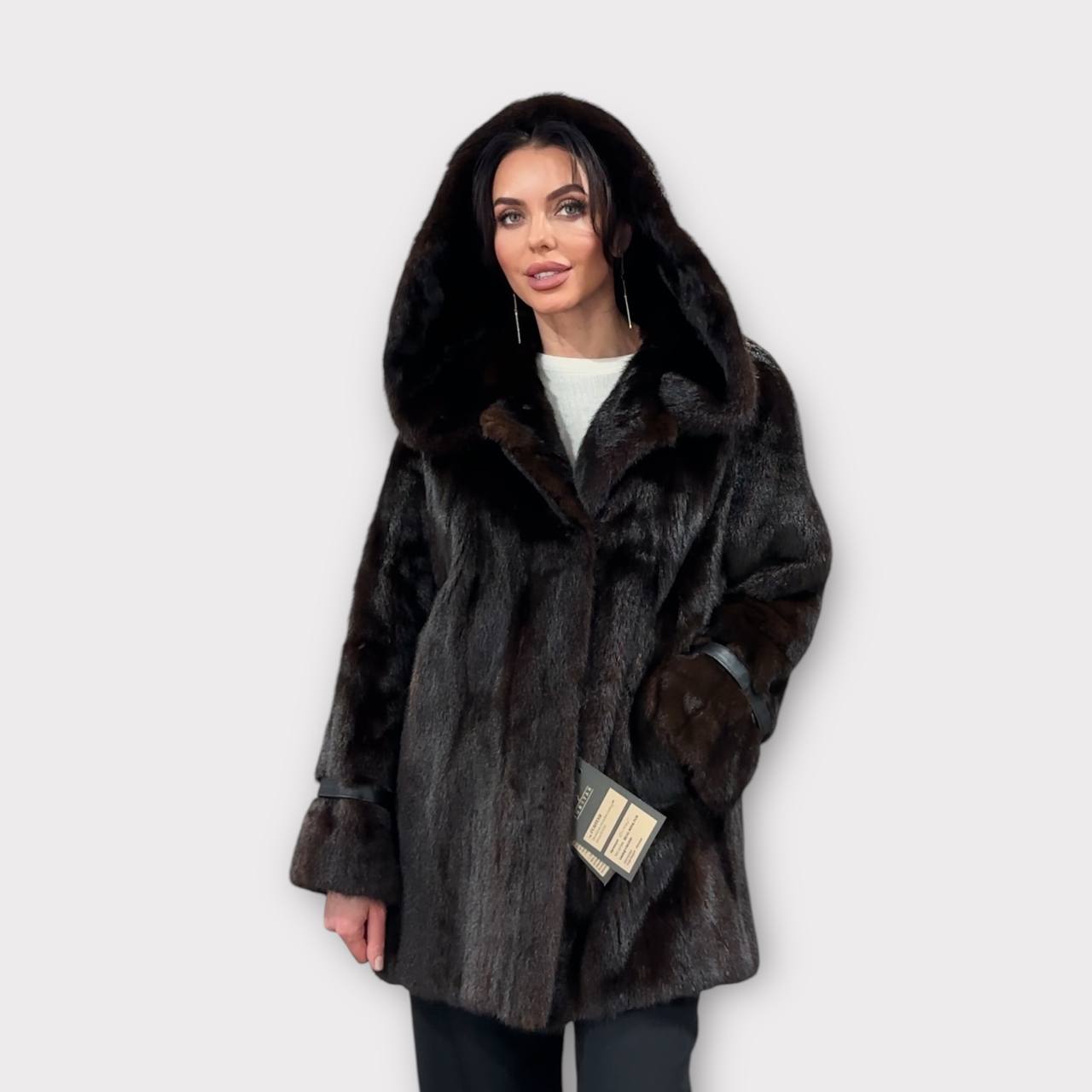 Real 100% MINK FUR 1201085 size L brown HOODED BOMBER Coat Jacket