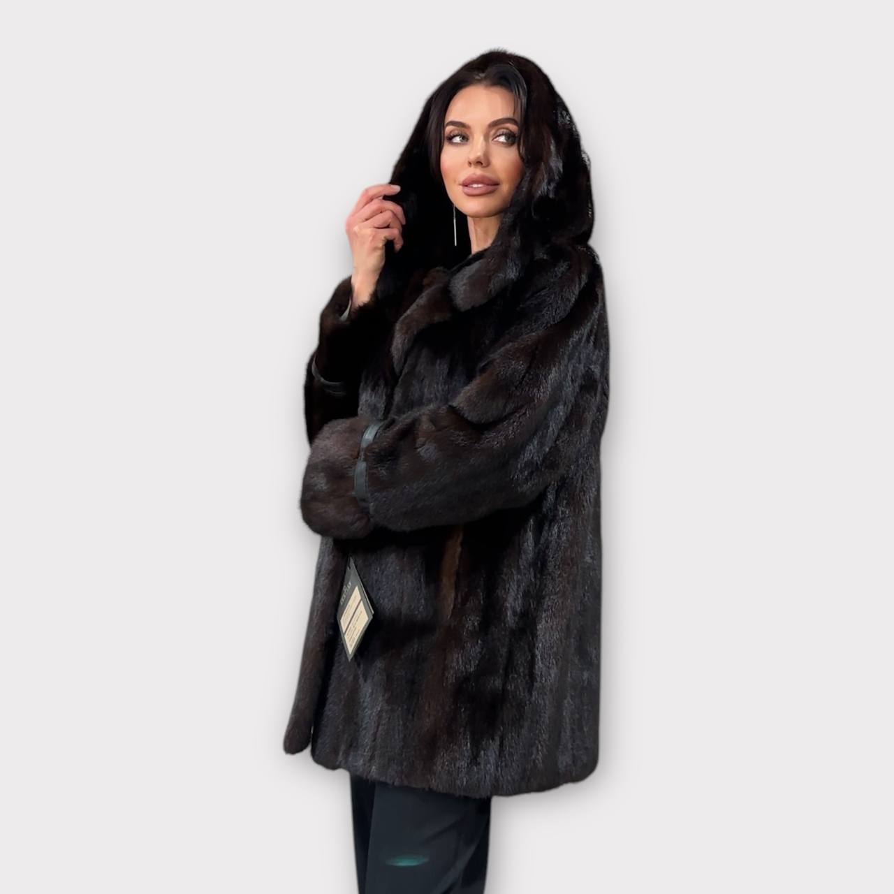 Real 100% MINK FUR 1201085 size L brown HOODED BOMBER Coat Jacket