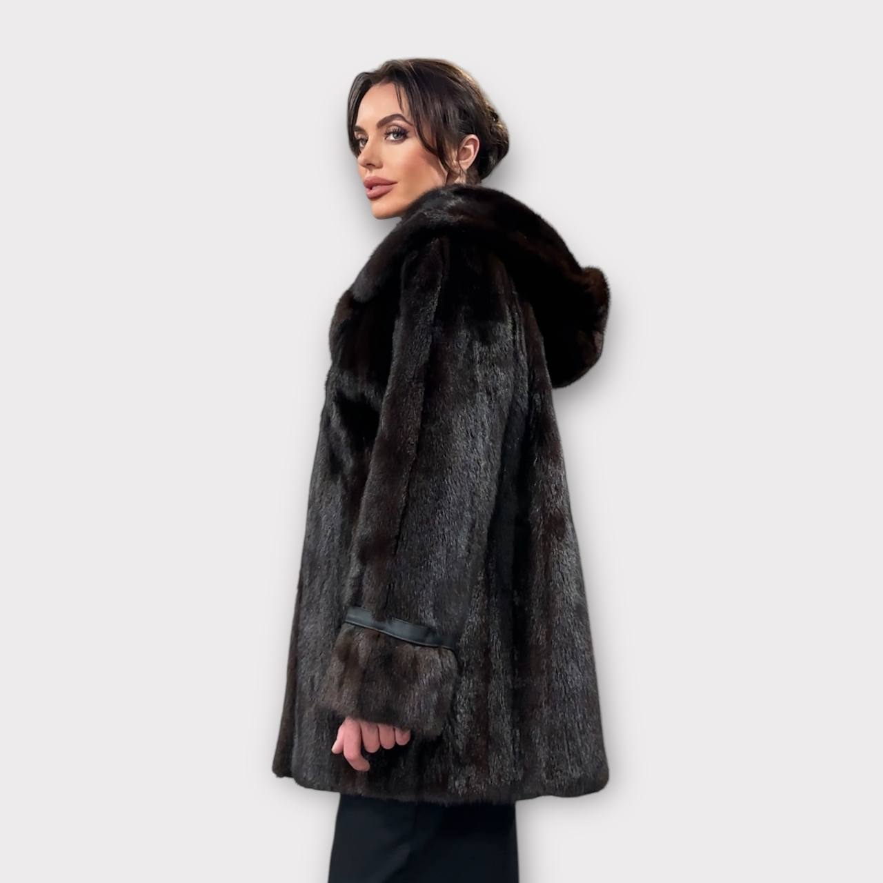 Real 100% MINK FUR 1201085 size L brown HOODED BOMBER Coat Jacket