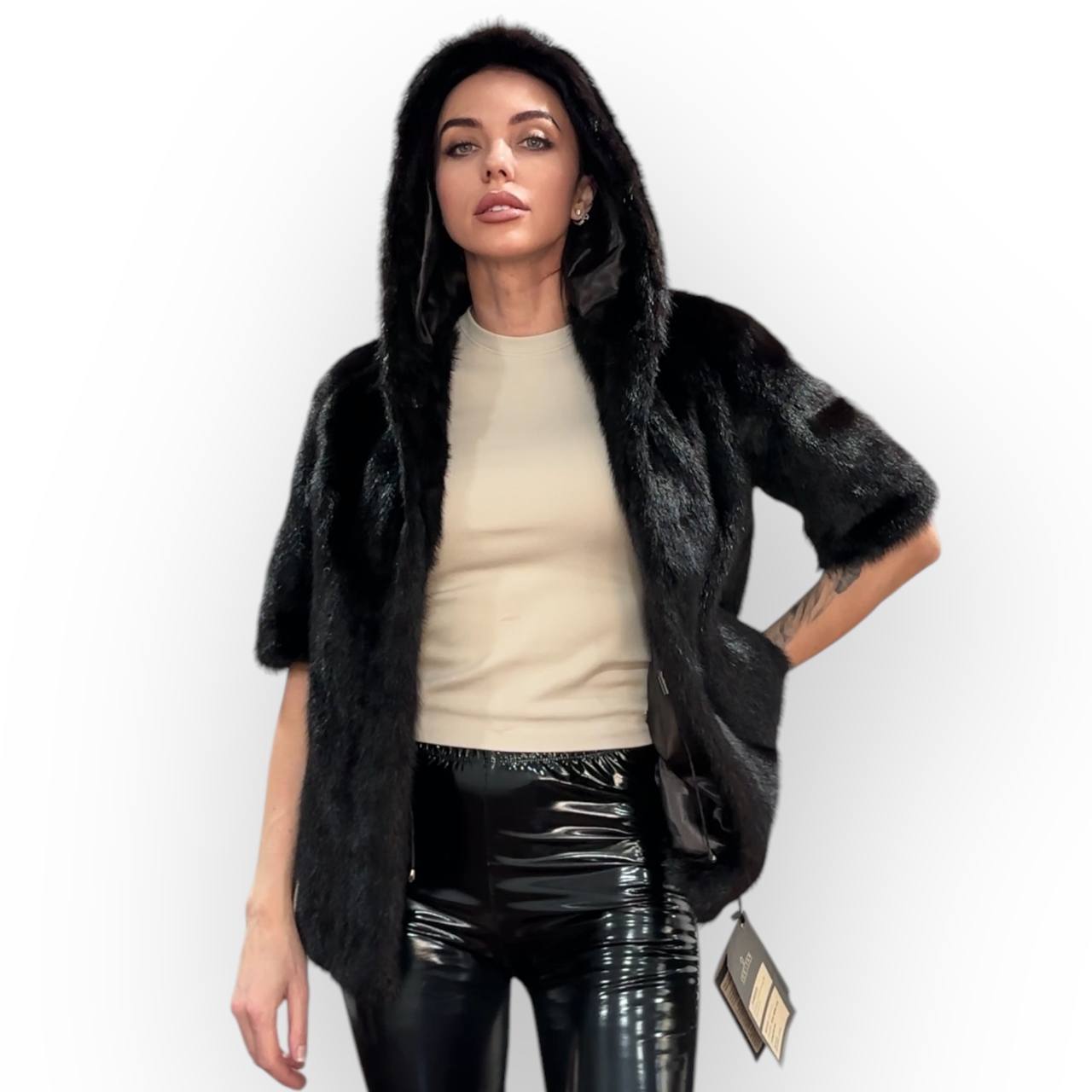 Womens Real 100% MINK FUR COAT 1201078 size S Hooded Jacket VEST BLACK