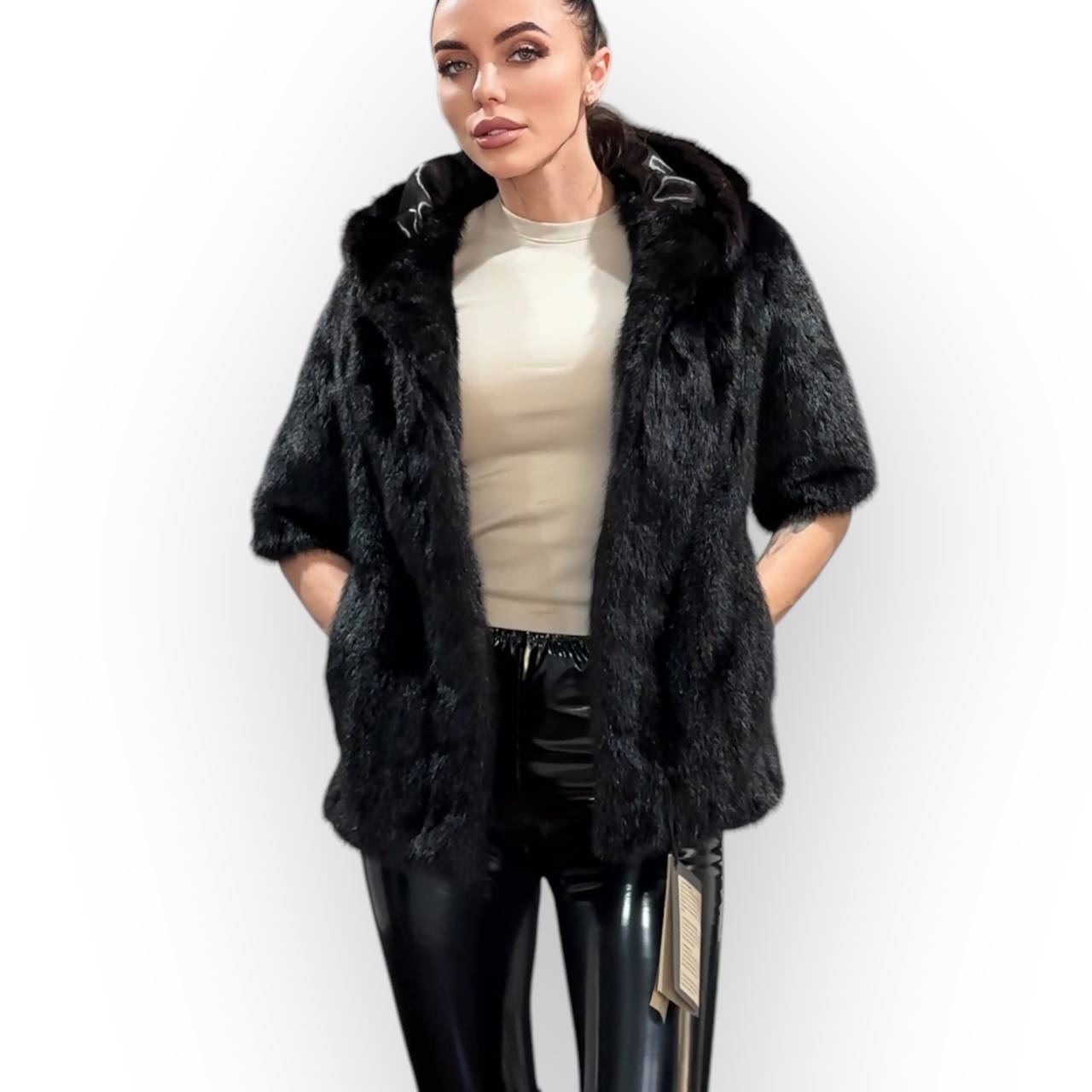 Womens Real 100% MINK FUR COAT 1201078 size S Hooded Jacket VEST BLACK