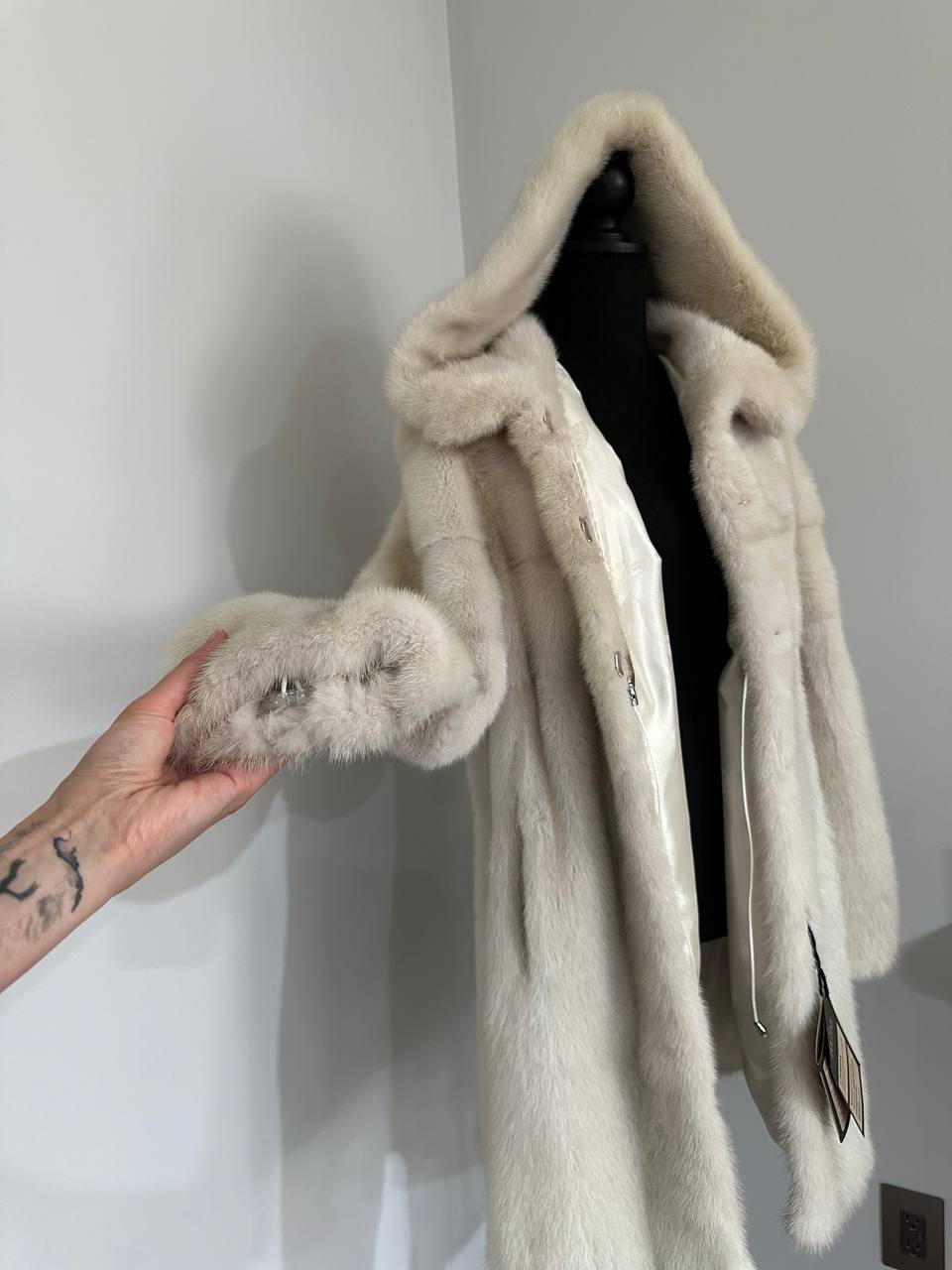 New REAL Natural Mink FUR coat JACKET size S ivory FULL SKIN 1201080 HOODED