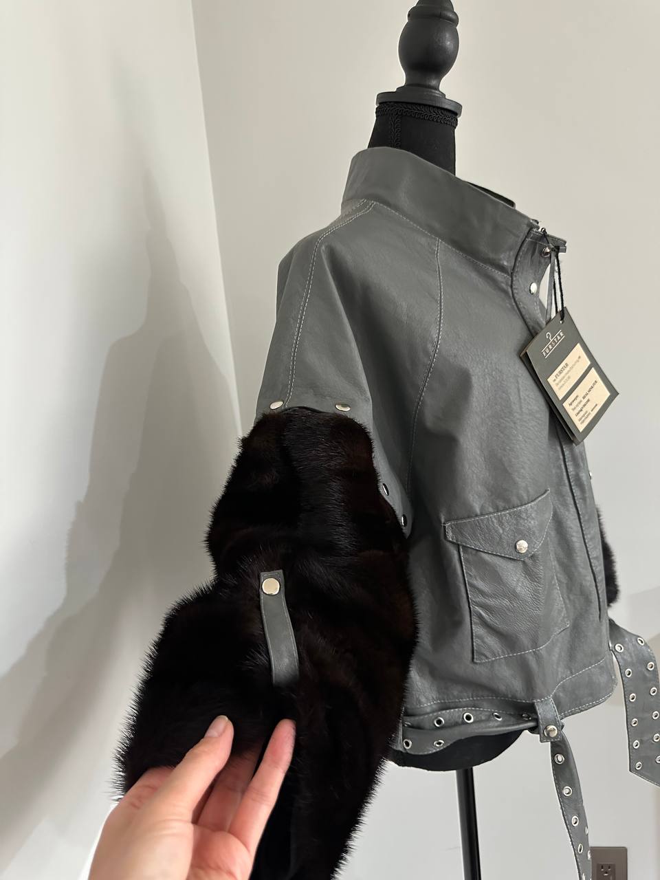 GENUINE REAL Mink Fur gray Sheep Leather Biker Jacket Women SIZE M 1109941