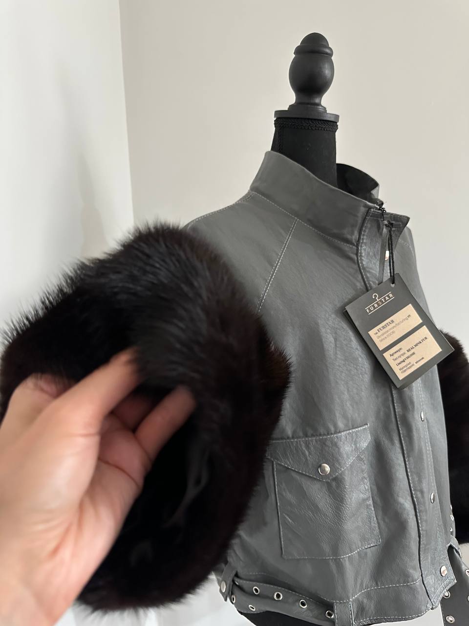 GENUINE REAL Mink Fur gray Sheep Leather Biker Jacket Women SIZE M 1109941