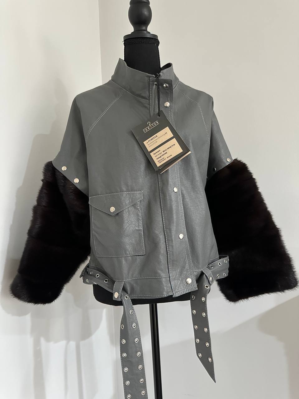 GENUINE REAL Mink Fur gray Sheep Leather Biker Jacket Women SIZE M 1109941