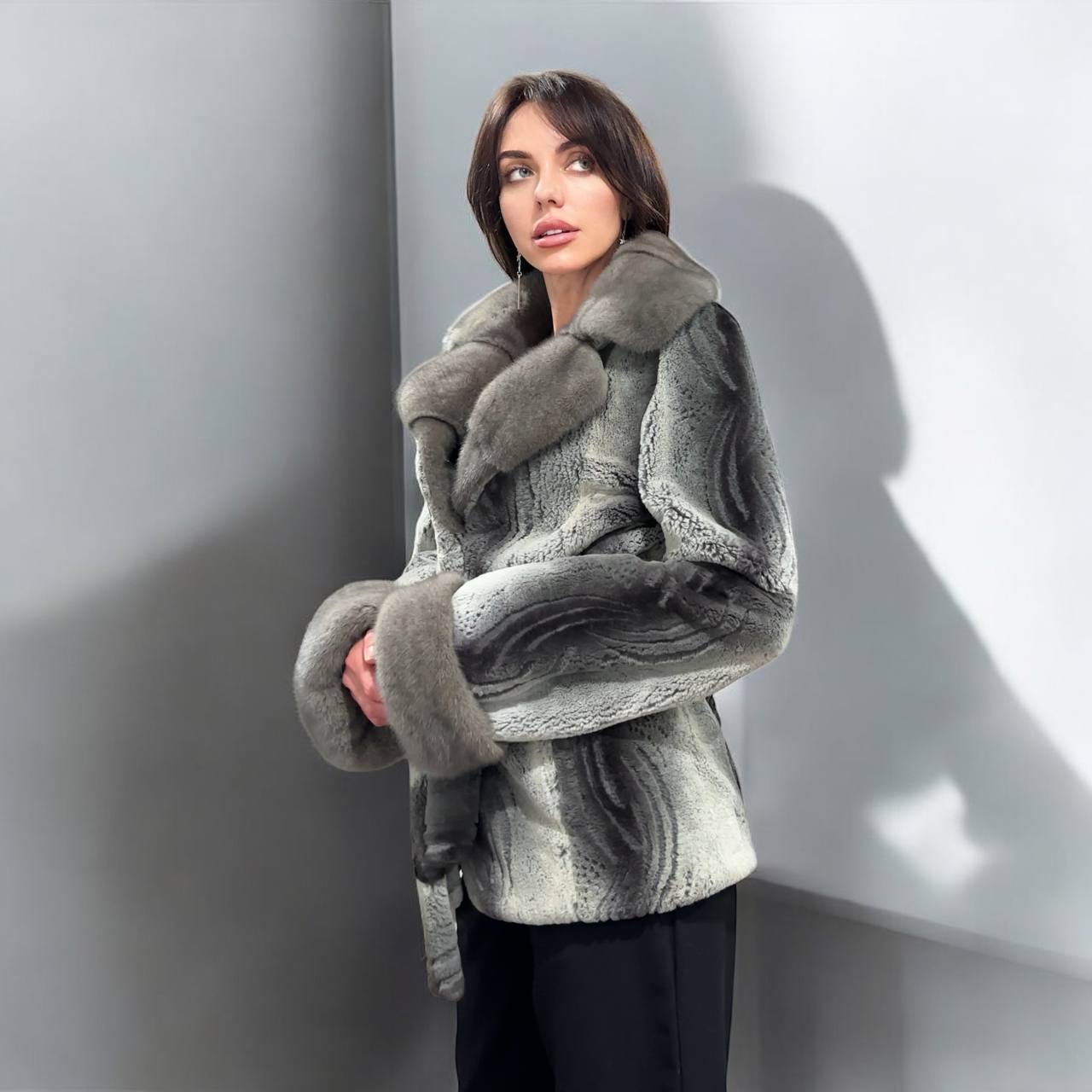 Stunning Karakul Astrakhan Fur Jacket M size with Mink Fur Details 1201134 GREY