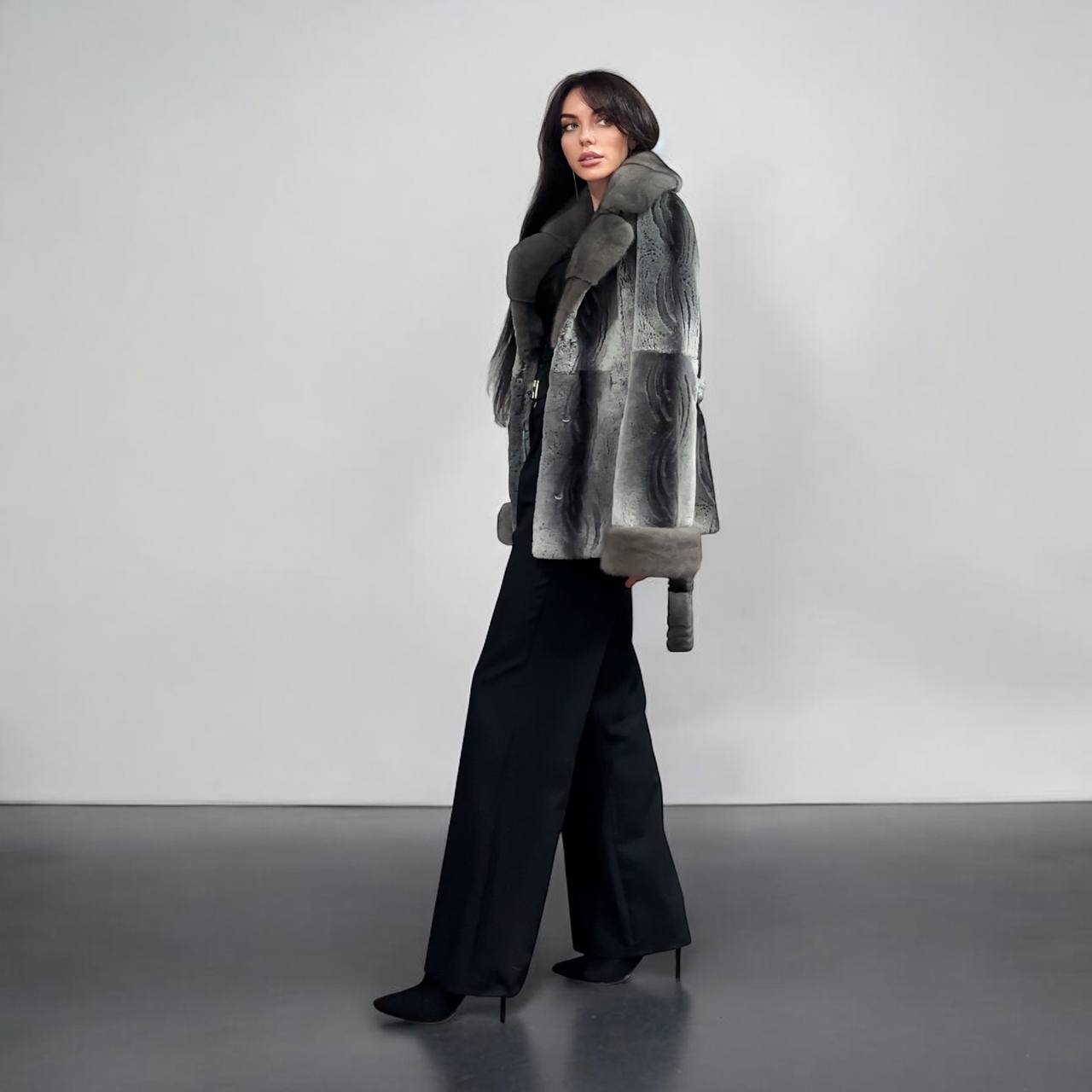 Stunning Karakul Astrakhan Fur Jacket M size with Mink Fur Details 1201134 GREY