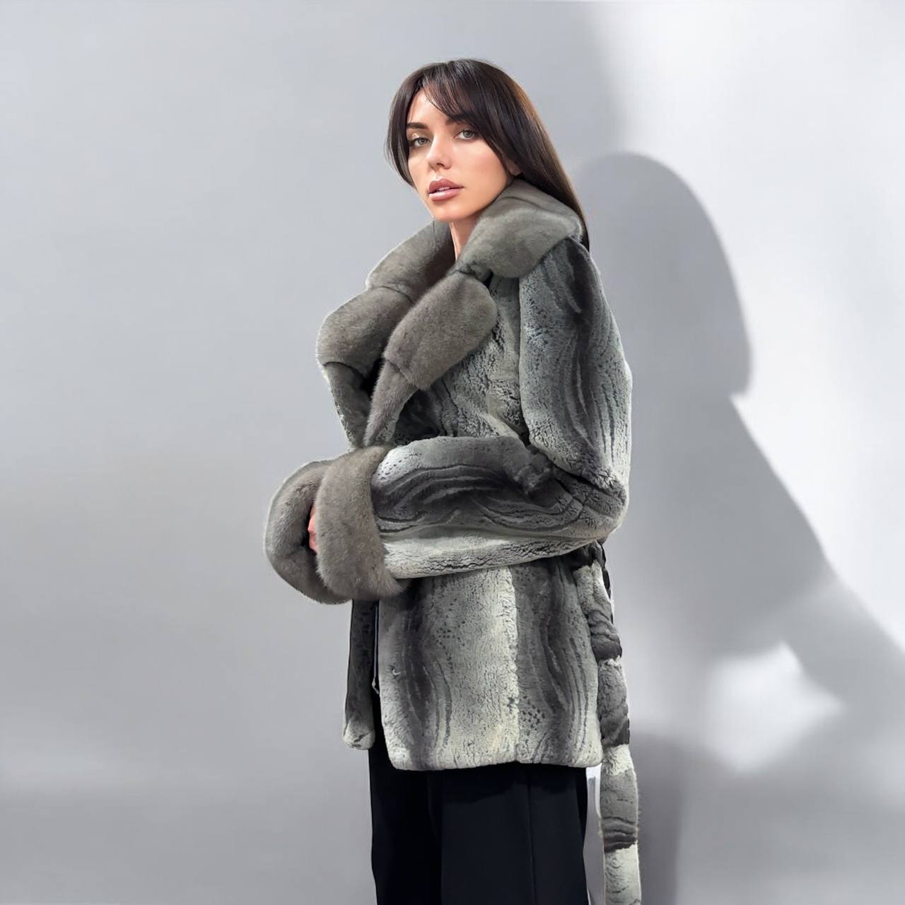 Stunning Karakul Astrakhan Fur Jacket M size with Mink Fur Details 1201134 GREY