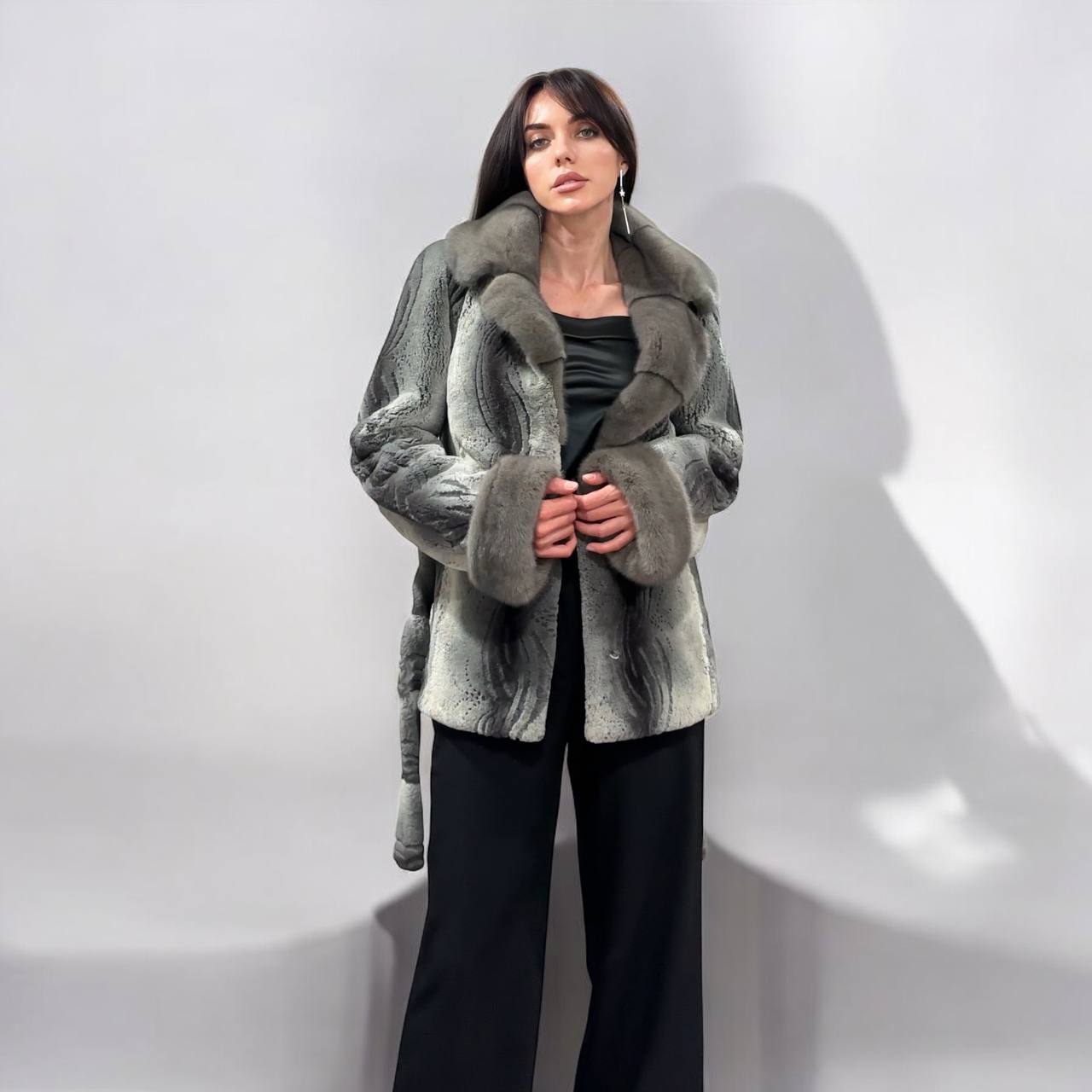 Stunning Karakul Astrakhan Fur Jacket M size with Mink Fur Details 1201134 GREY
