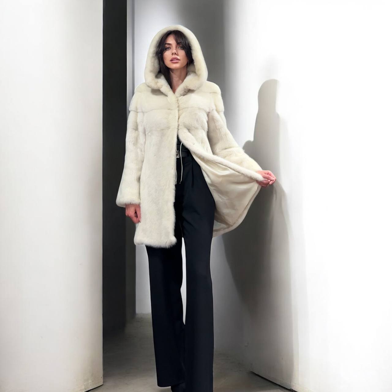 New REAL Natural Mink FUR coat JACKET size S ivory FULL SKIN 1201080 HOODED