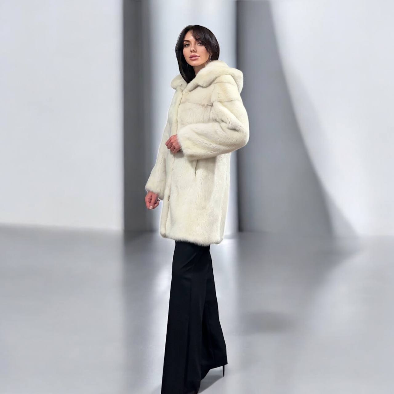 New REAL Natural Mink FUR coat JACKET size S ivory FULL SKIN 1201080 HOODED