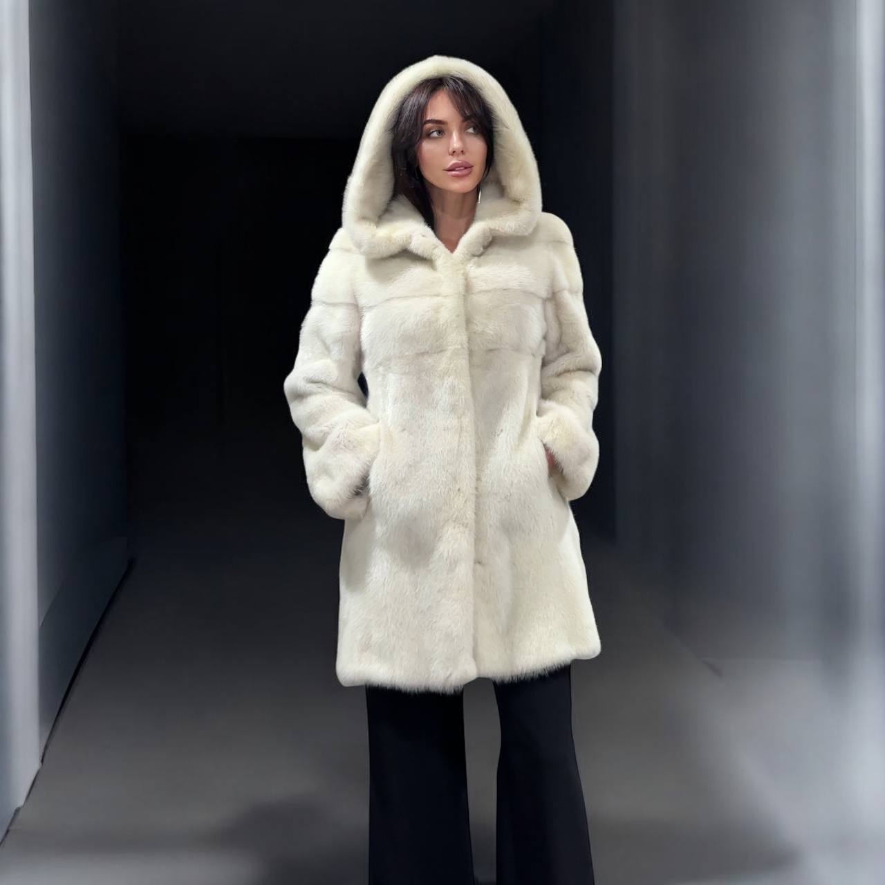 New REAL Natural Mink FUR coat JACKET size S ivory FULL SKIN 1201080 HOODED