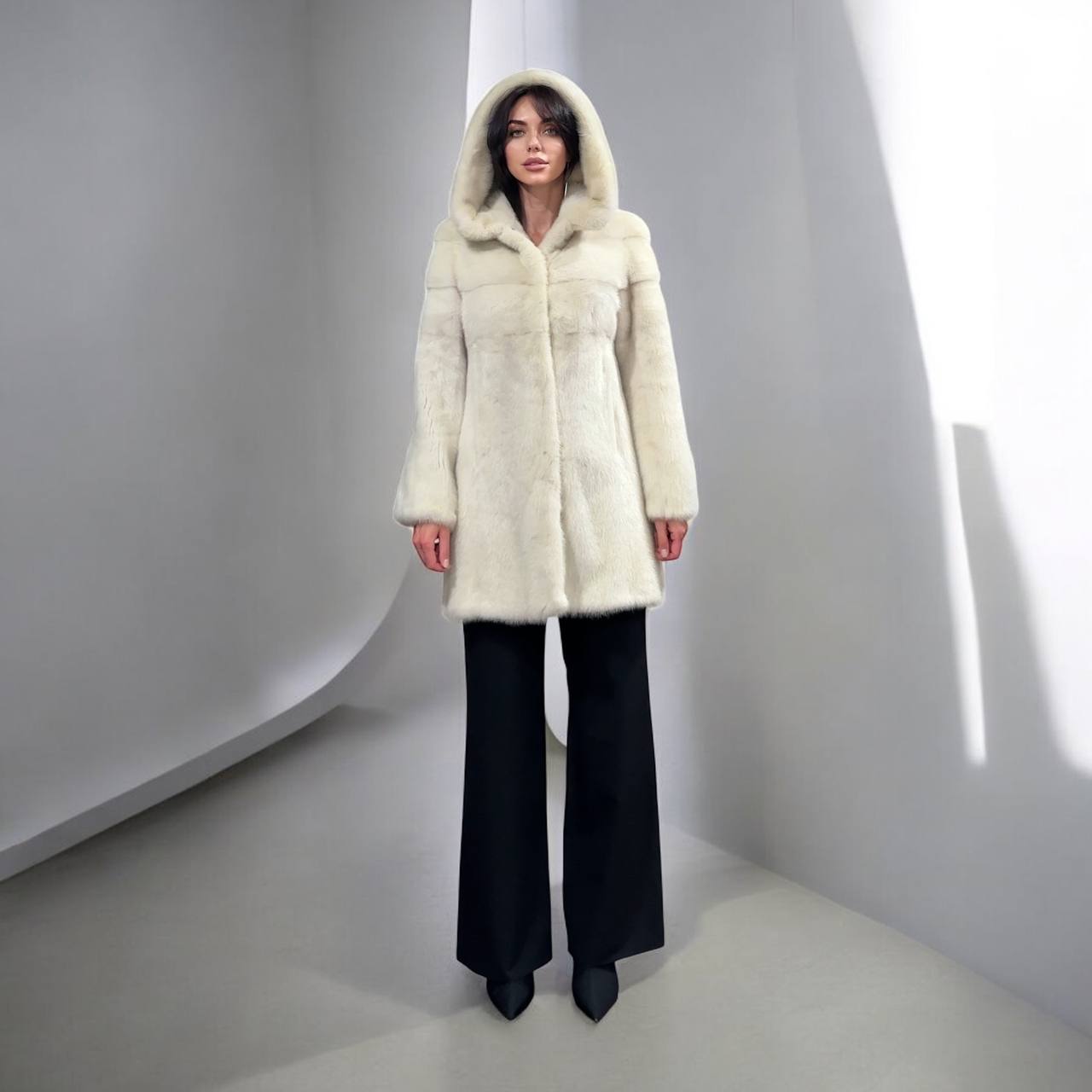New REAL Natural Mink FUR coat JACKET size S ivory FULL SKIN 1201080 HOODED