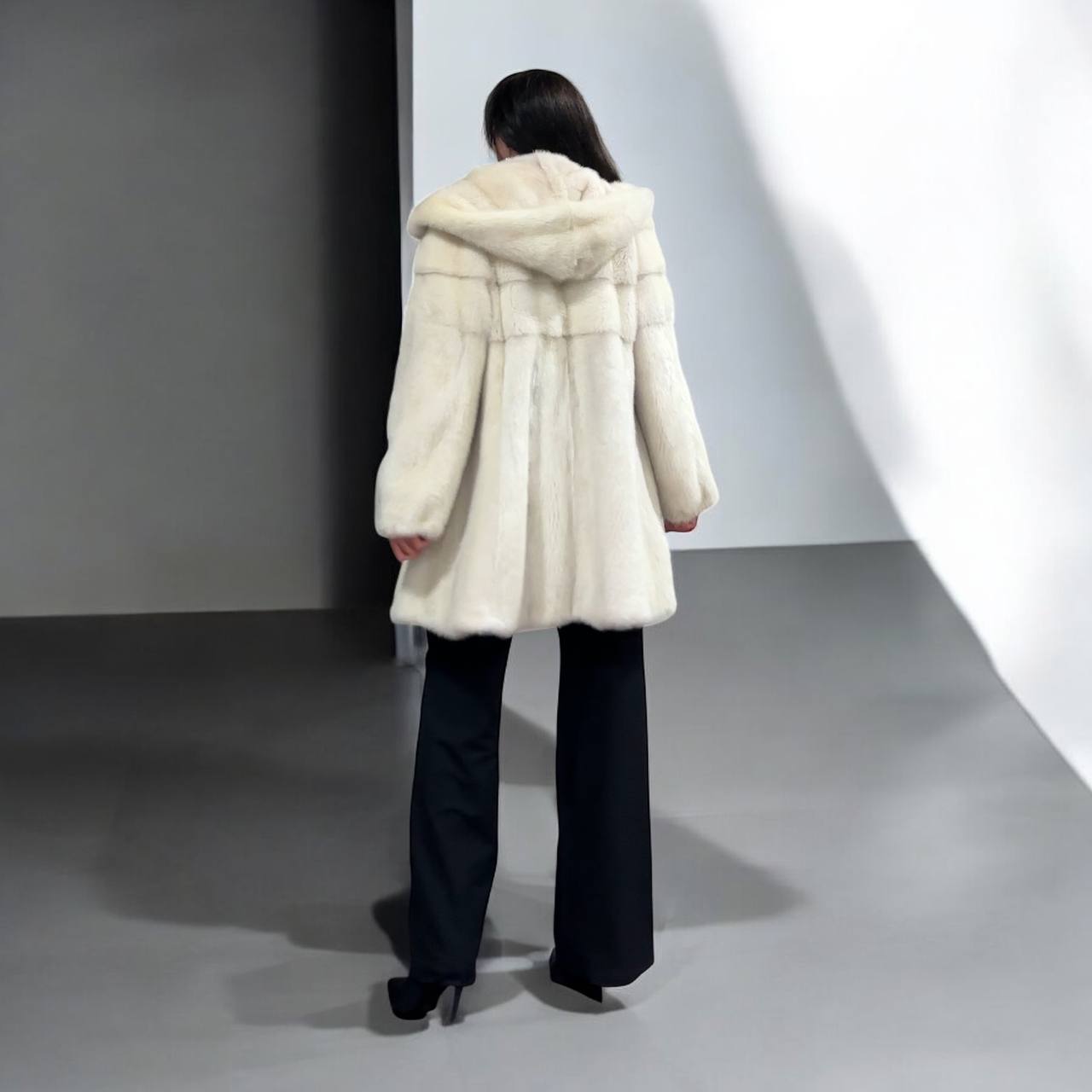 New REAL Natural Mink FUR coat JACKET size S ivory FULL SKIN 1201080 HOODED