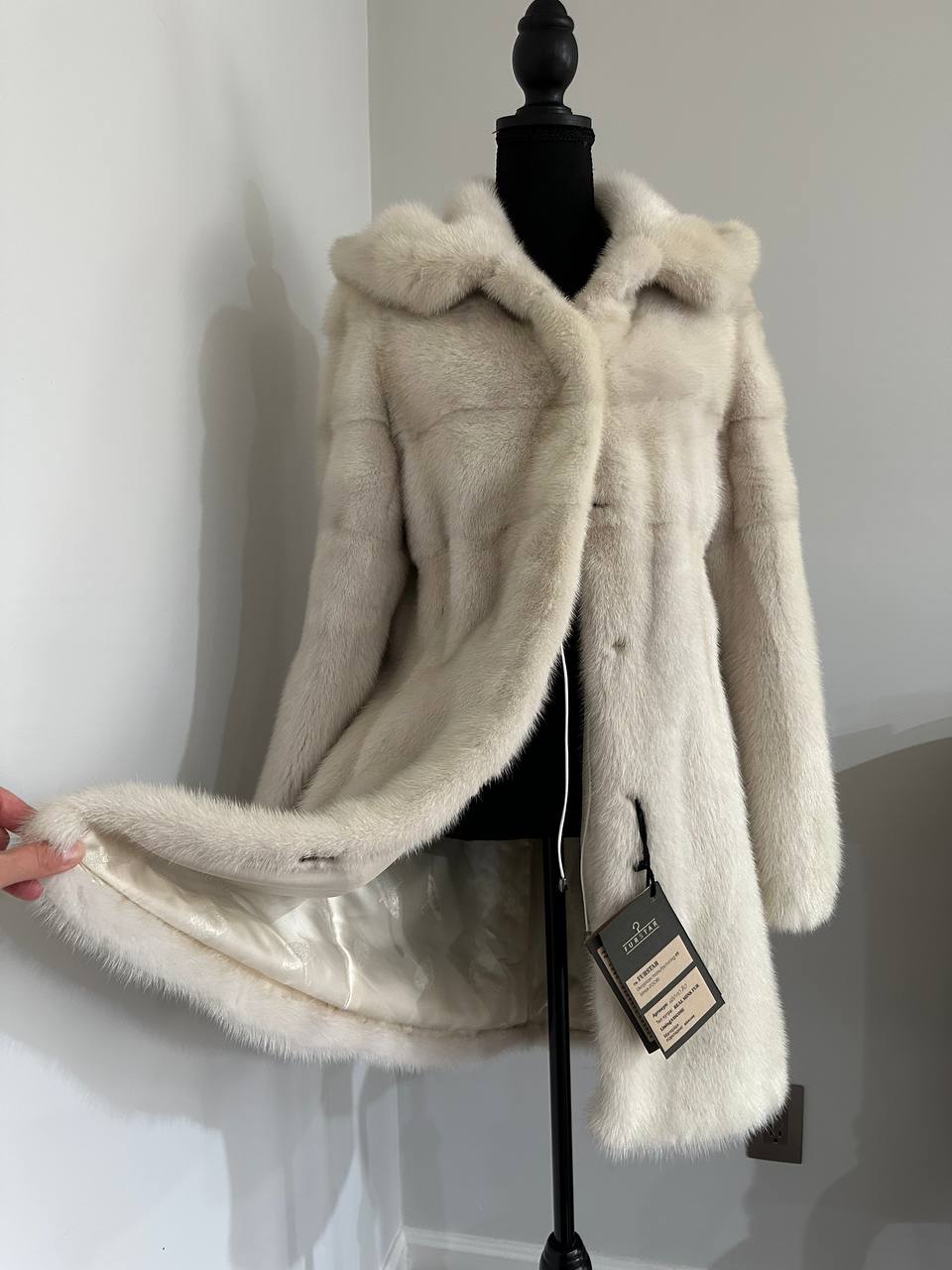 New REAL Natural Mink FUR coat JACKET size S ivory FULL SKIN 1201080 HOODED