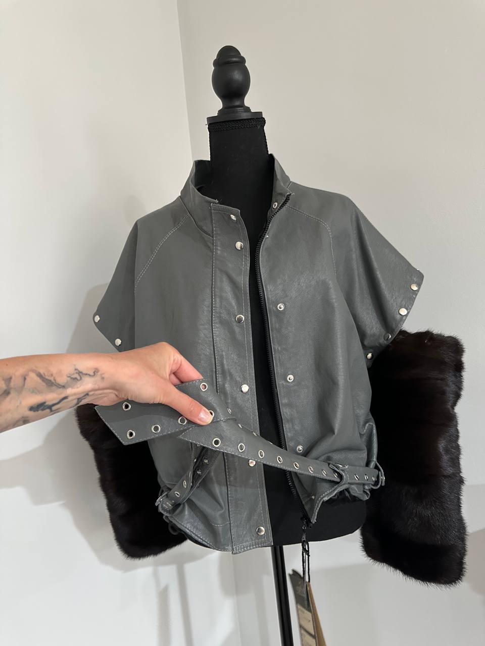 GENUINE REAL Mink Fur gray Sheep Leather Biker Jacket Women SIZE M 1109941